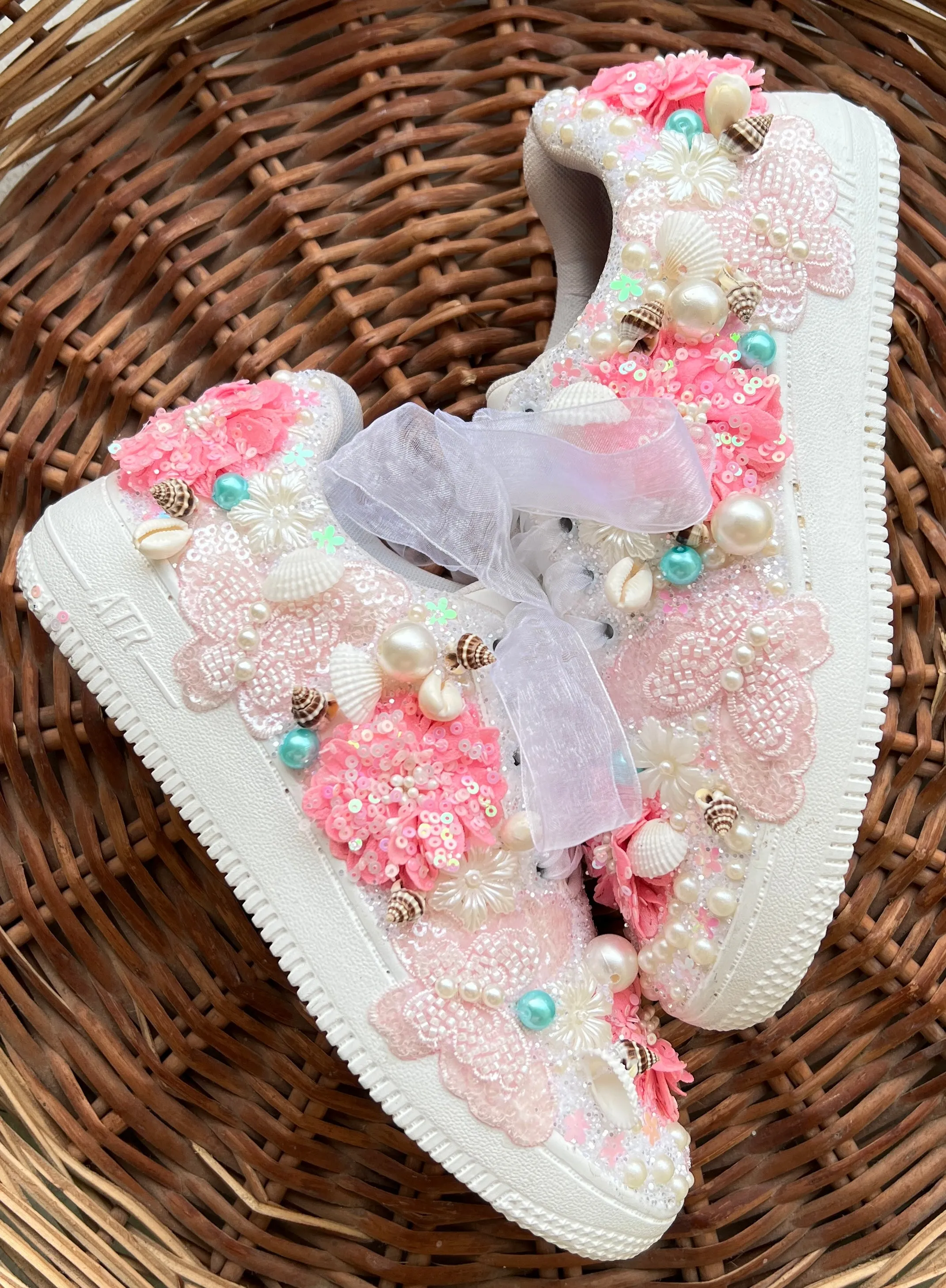 FUNKY N TRENDY floral theme hand work sneakers for brides / bridesmaids/ shells sneakers / pearls sneakers / blue and pink shoes / pink and blue sneakers/ butterfly and floral sneakers