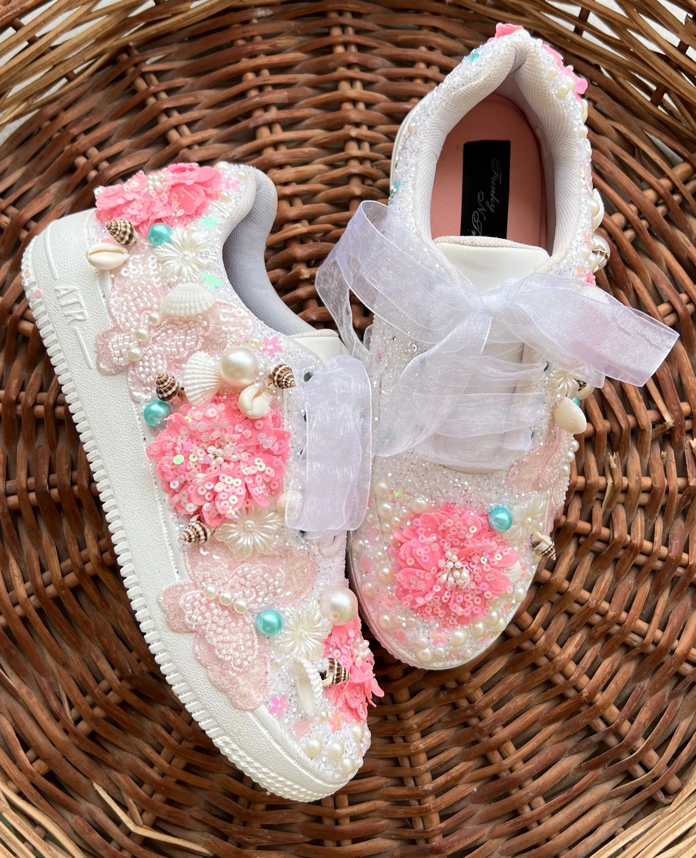 FUNKY N TRENDY floral theme hand work sneakers for brides / bridesmaids/ shells sneakers / pearls sneakers / blue and pink shoes / pink and blue sneakers/ butterfly and floral sneakers