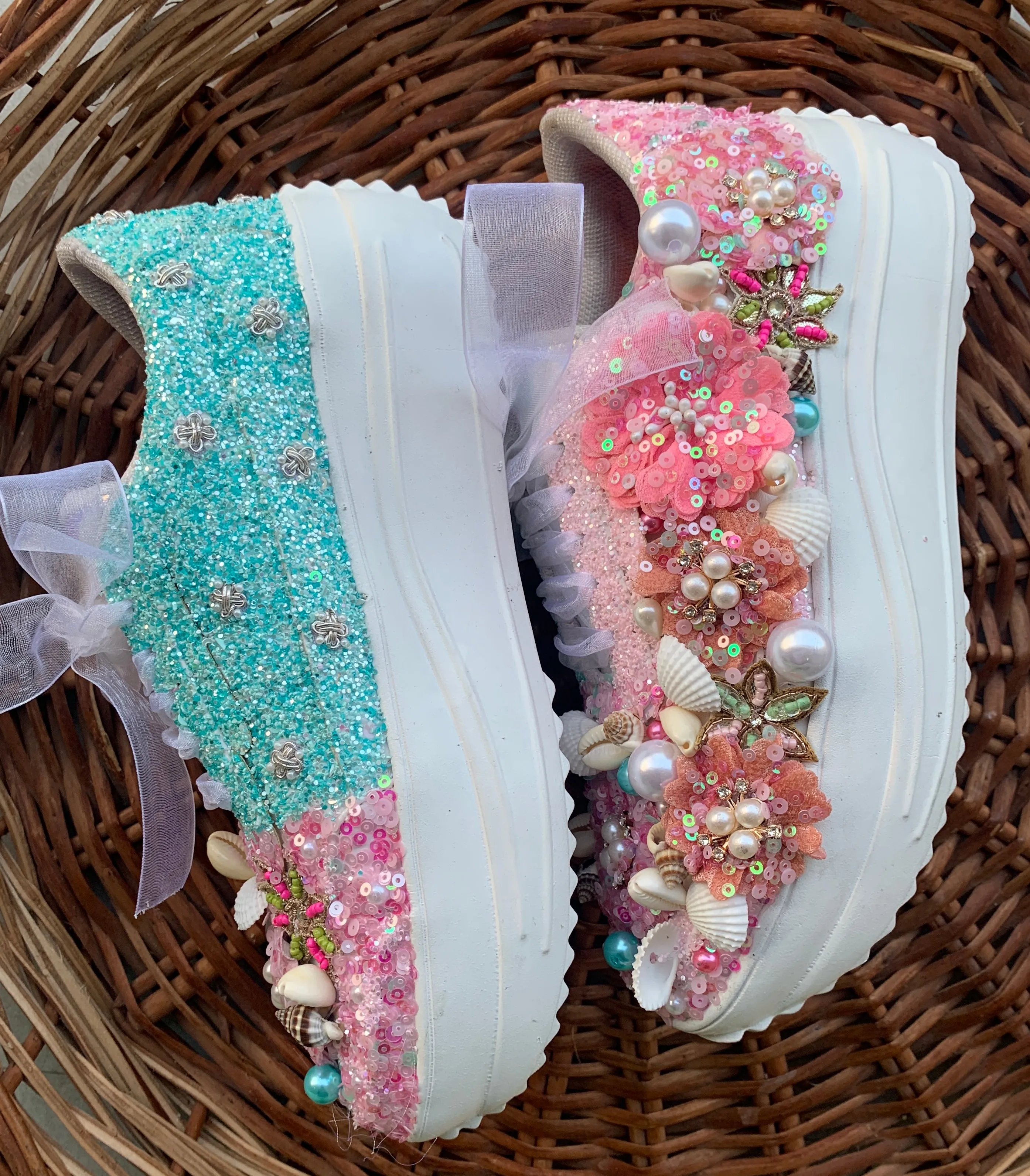 FUNKY N TRENDY floral theme hand work sneakers for brides / bridesmaids/ shells sneakers / pearls sneakers / blue and pink shoes / pink and blue sneakers