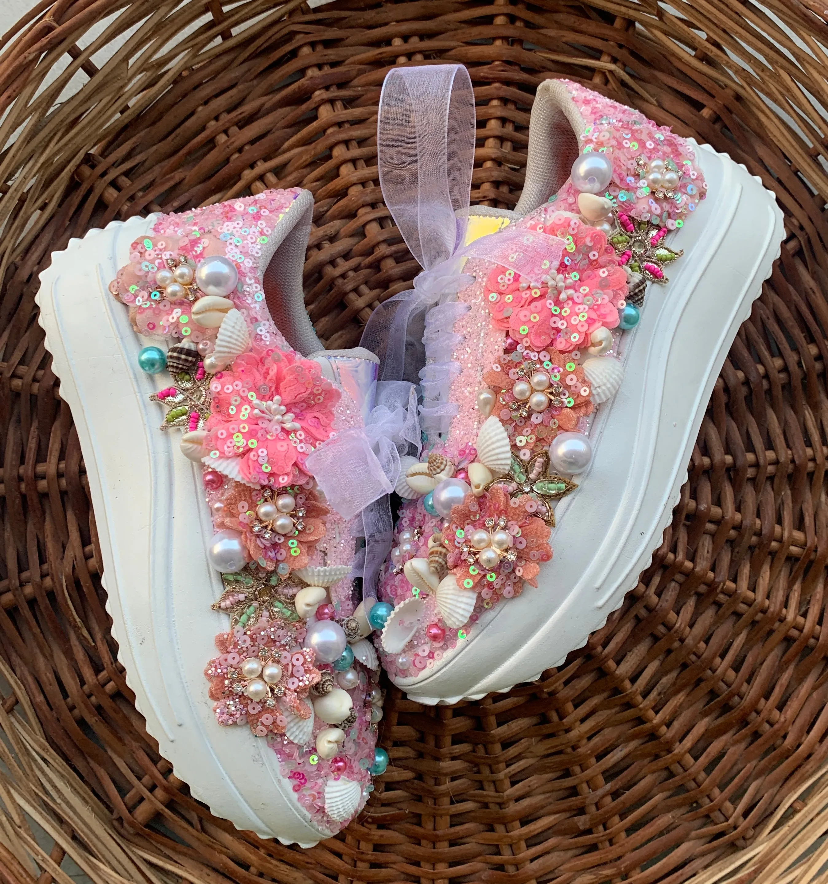 FUNKY N TRENDY floral theme hand work sneakers for brides / bridesmaids/ shells sneakers / pearls sneakers / blue and pink shoes / pink and blue sneakers