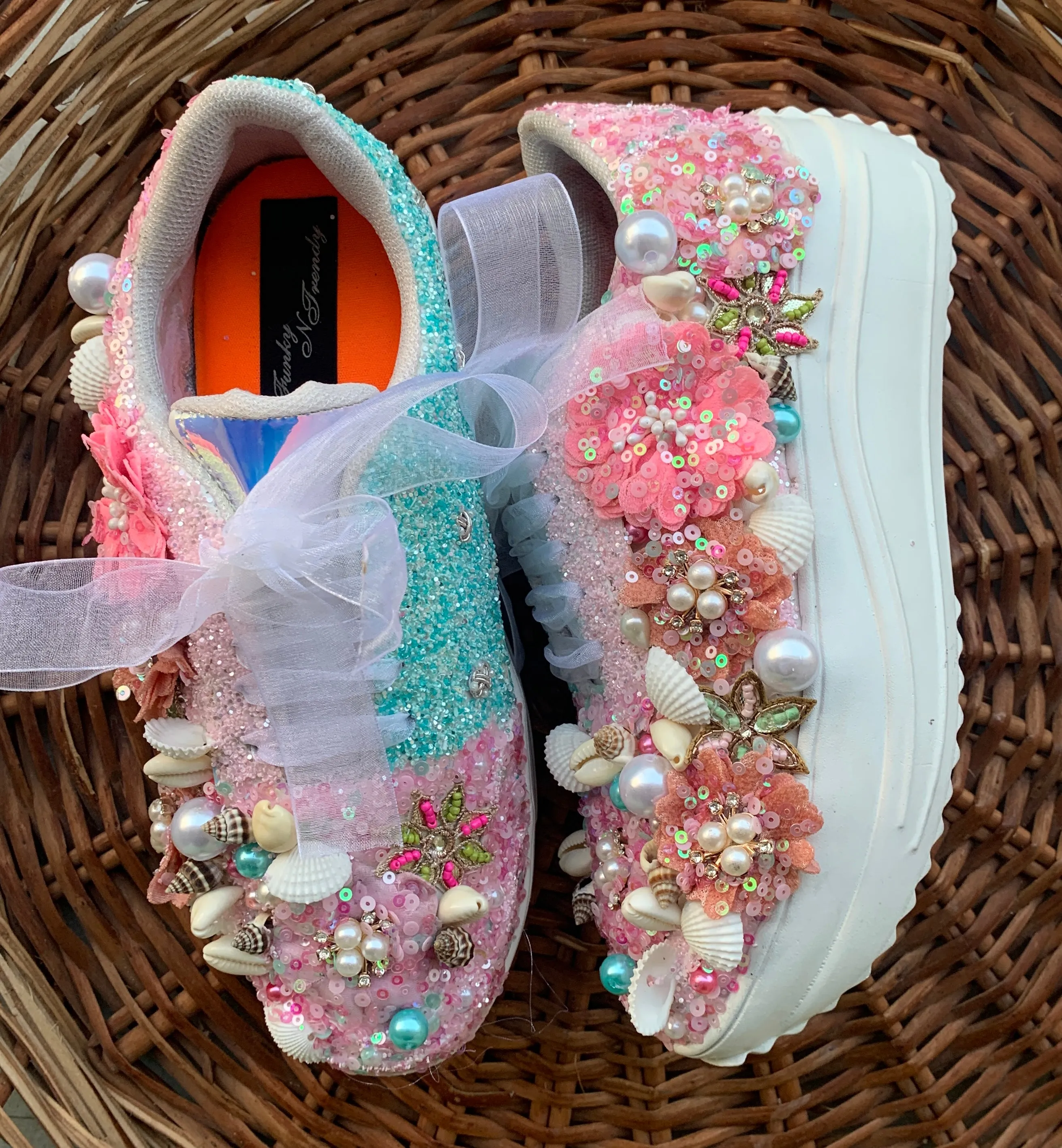 FUNKY N TRENDY floral theme hand work sneakers for brides / bridesmaids/ shells sneakers / pearls sneakers / blue and pink shoes / pink and blue sneakers