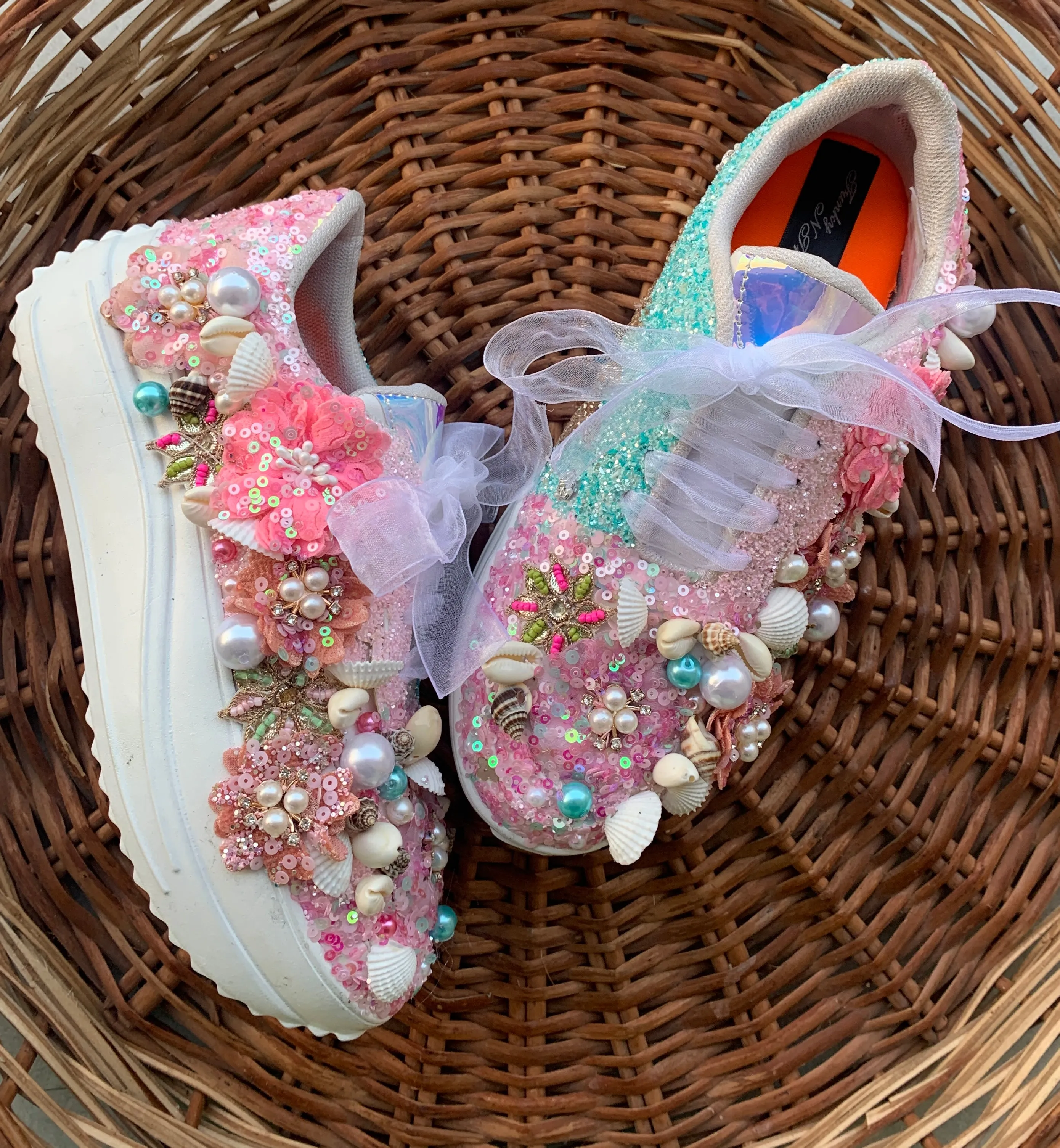 FUNKY N TRENDY floral theme hand work sneakers for brides / bridesmaids/ shells sneakers / pearls sneakers / blue and pink shoes / pink and blue sneakers