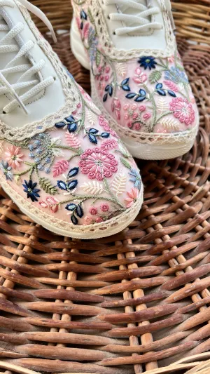 FUNKY N TRENDY fully hand crafted floral work/ threadwork sneakers /bridal sneakers / bridesmaid sneakers/ floral sneakers /colorful sneakers /bridal shoes / haldi mahendi shoes/ multi color shoes / pink sneakers/pink and blue sneakers