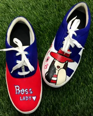 Funky N Trendy hand painted water resistant Boss Lady theme blue shoes/ red shoes / funky shoes