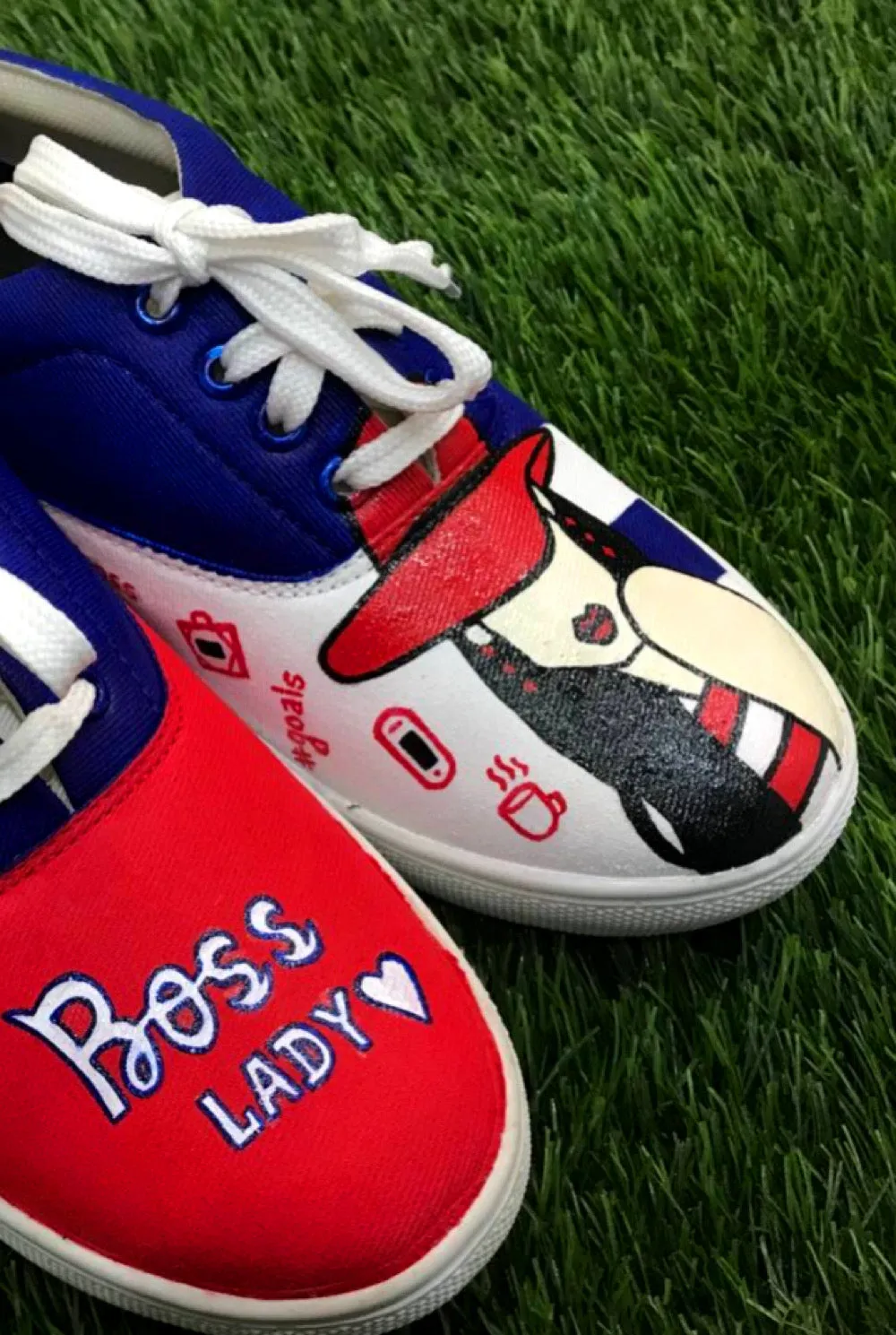 Funky N Trendy hand painted water resistant Boss Lady theme blue shoes/ red shoes / funky shoes