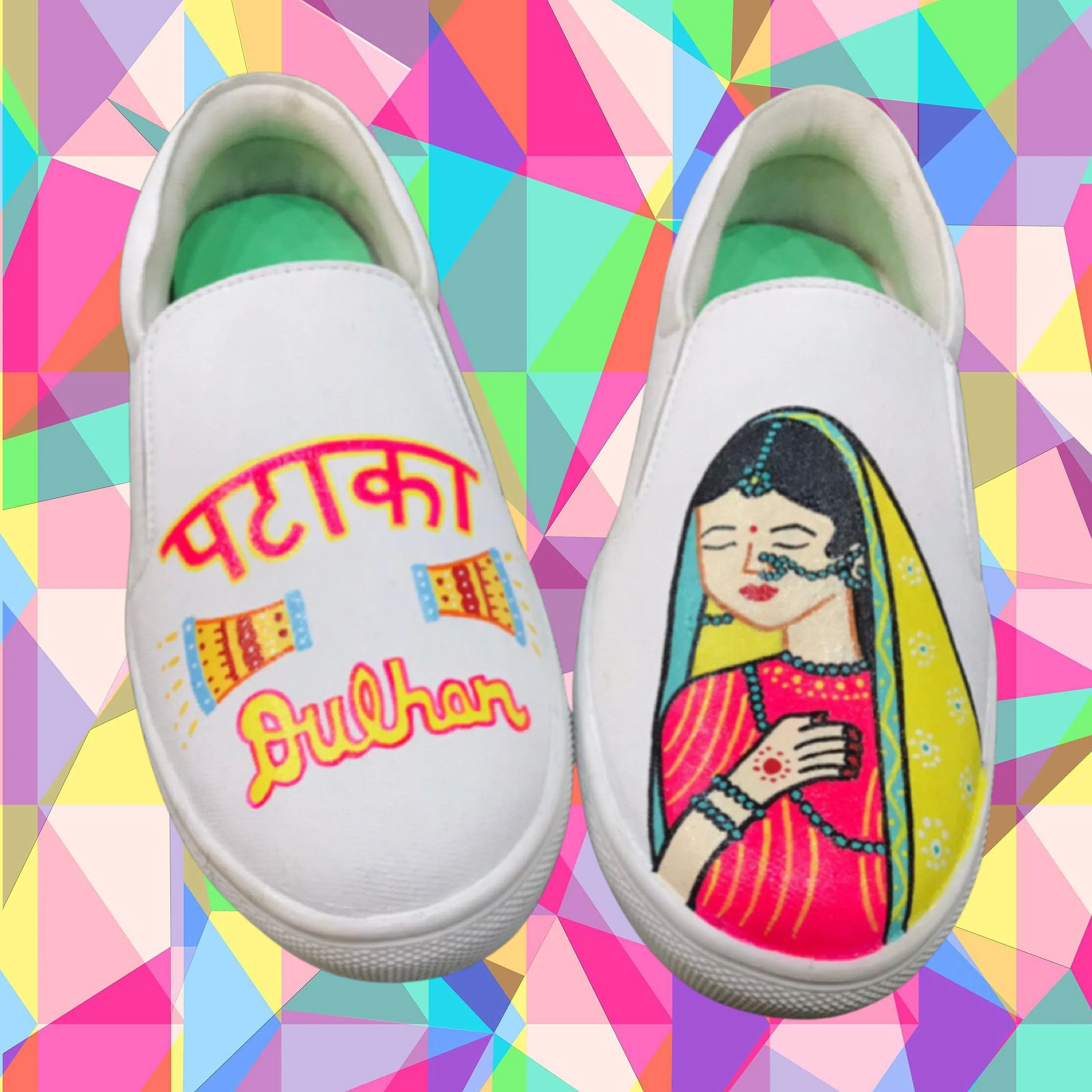 Funky N Trendy hand painted water resistant Pataka Dulhan wedding theme shoes for bride