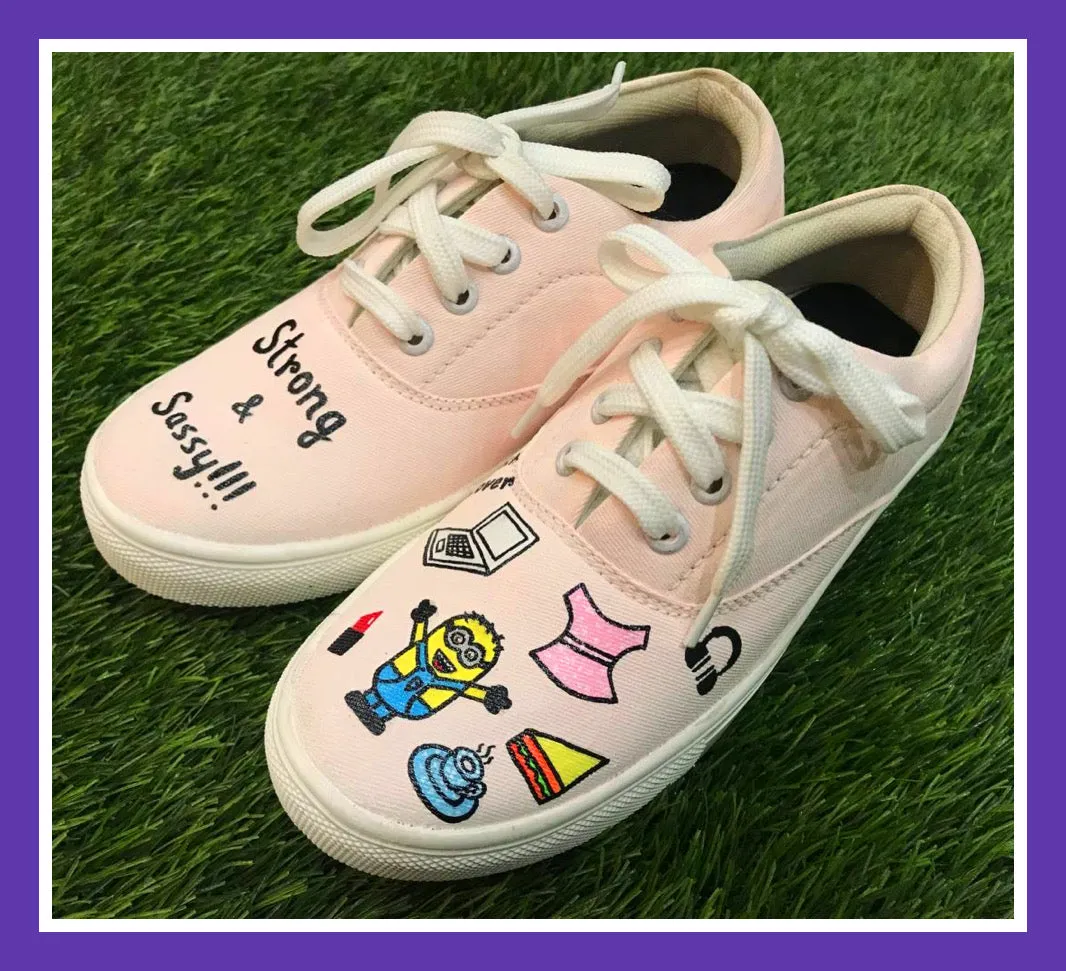 Funky N Trendy hand painted water resistant Strong & Sassy peach casual shoes