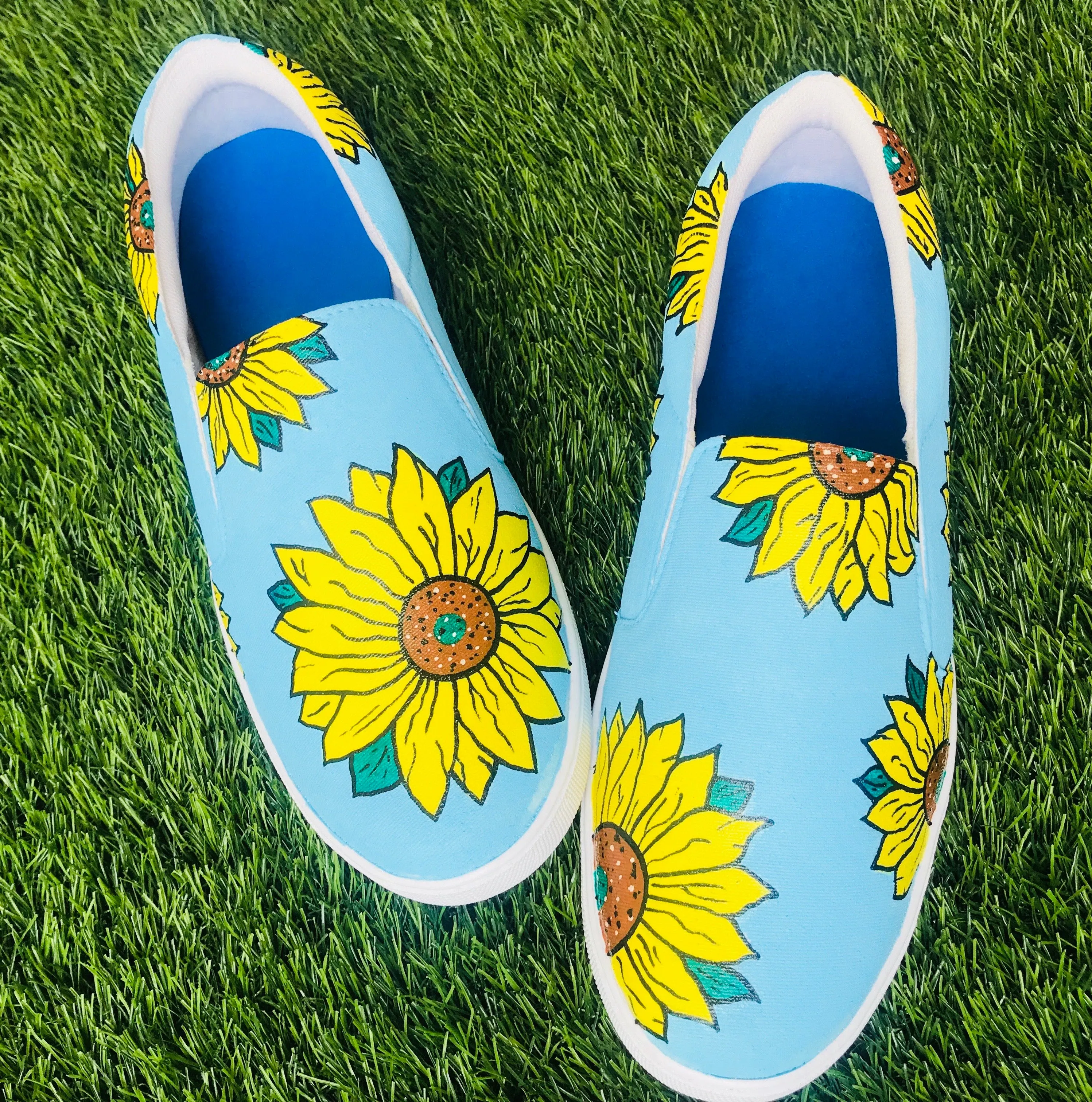 Funky N Trendy hand painted water resistant Sunflower slip on shoes/ handpainted shoes/ women shoes / funky shoes/ blue shoes / funky handpainted shoes