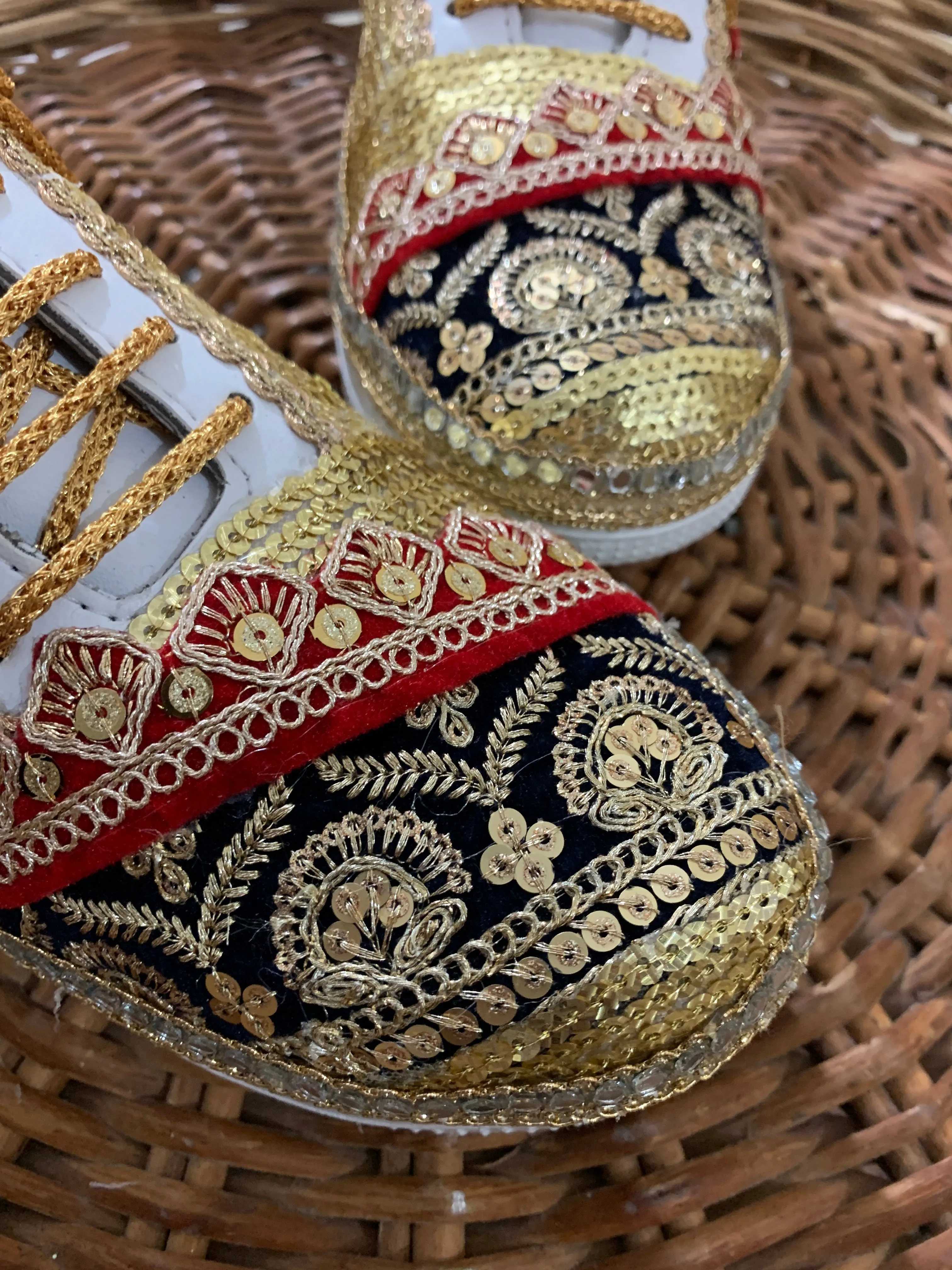 FUNKY N TRENDY handcrafted golden sequine work bridal sneakers / bridesmaid sneakers/ gold sneakers / golden sneakers / sequine work sneakers/ red sneakers / red and blue sneakers