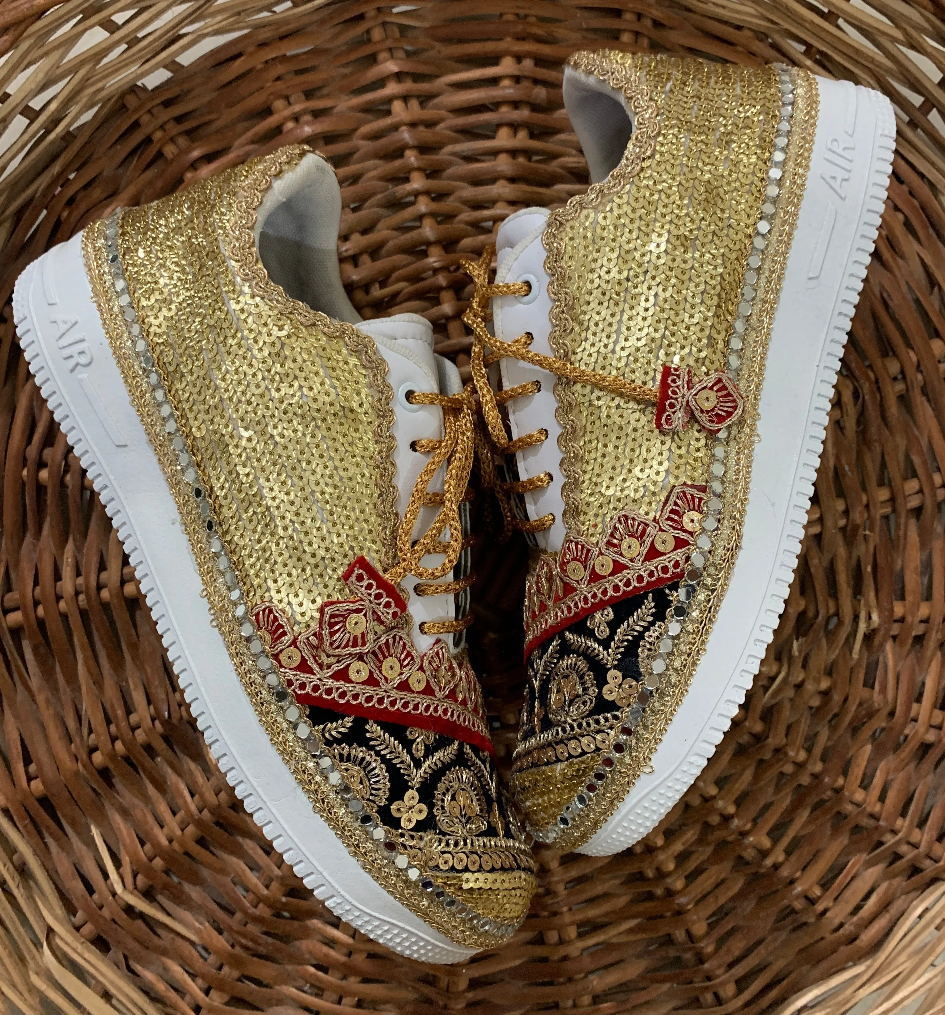 FUNKY N TRENDY handcrafted golden sequine work bridal sneakers / bridesmaid sneakers/ gold sneakers / golden sneakers / sequine work sneakers/ red sneakers / red and blue sneakers