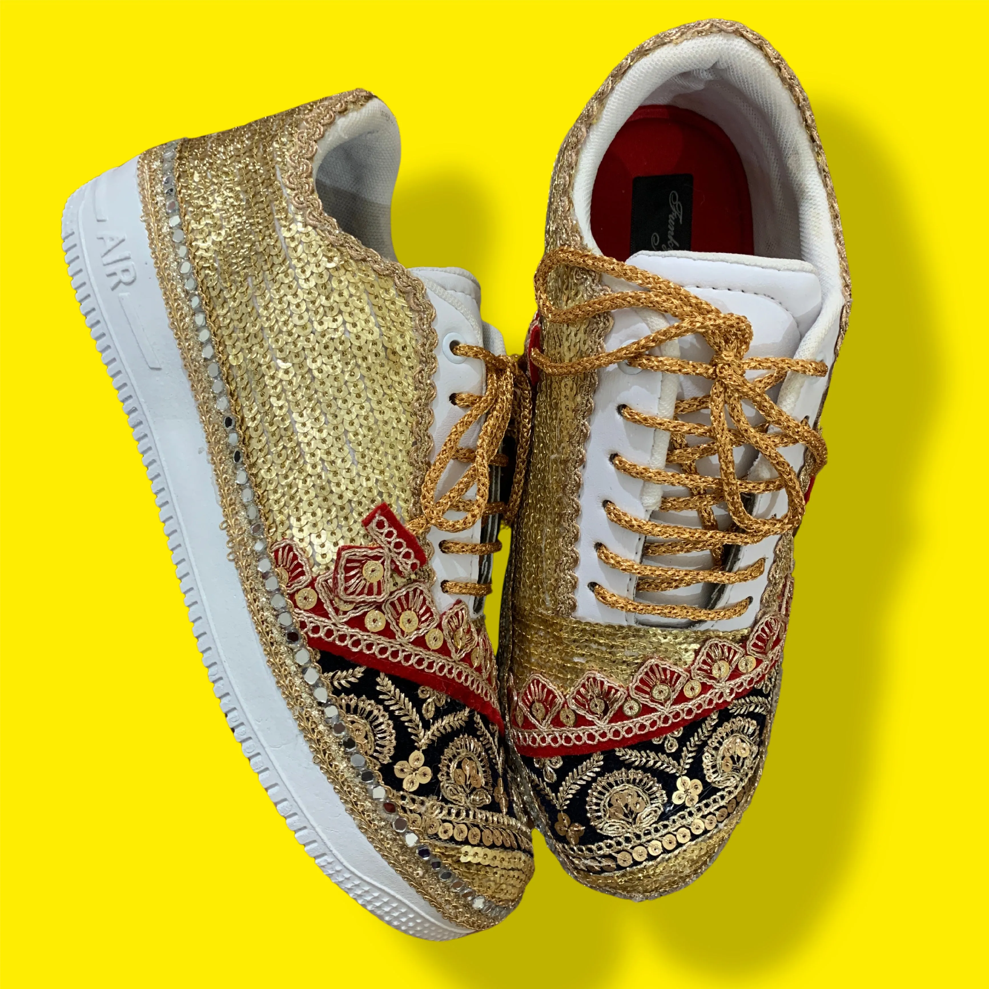 FUNKY N TRENDY handcrafted golden sequine work bridal sneakers / bridesmaid sneakers/ gold sneakers / golden sneakers / sequine work sneakers/ red sneakers / red and blue sneakers