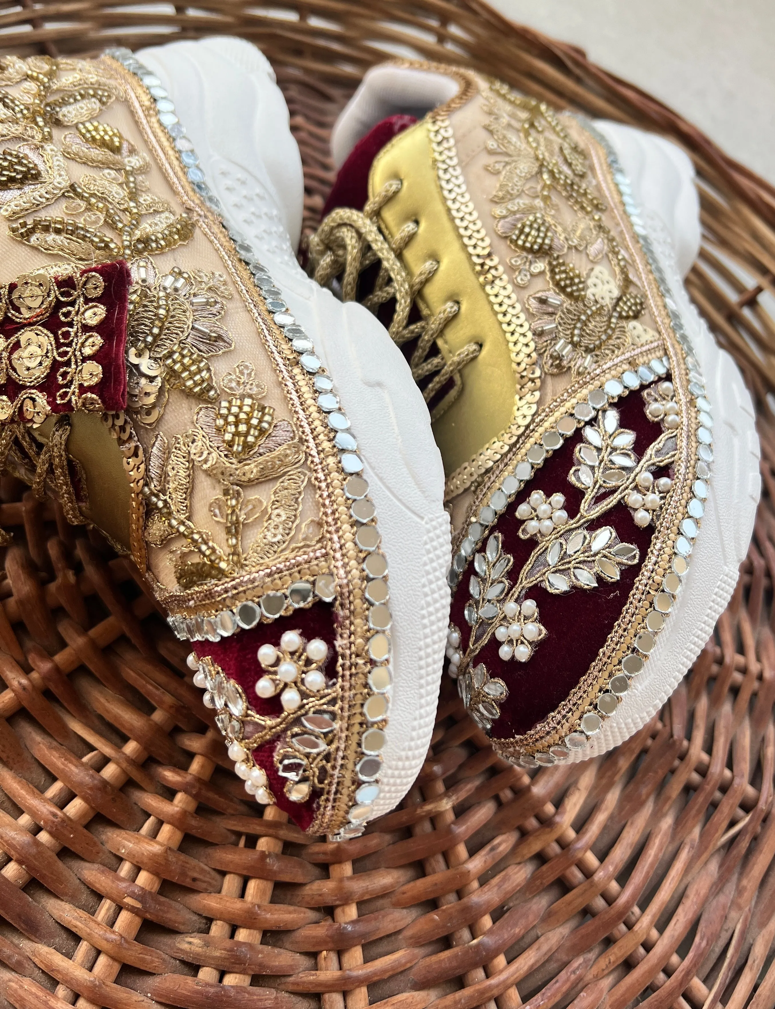 Funky N Trendy Maroon & Gold embroidery work bridal sneakers/ bridesmaid sneaker / golden sneakers/ Maroon sneakers / gold shoes/ bride shoes / handcrafted sneakers / bridal shoes