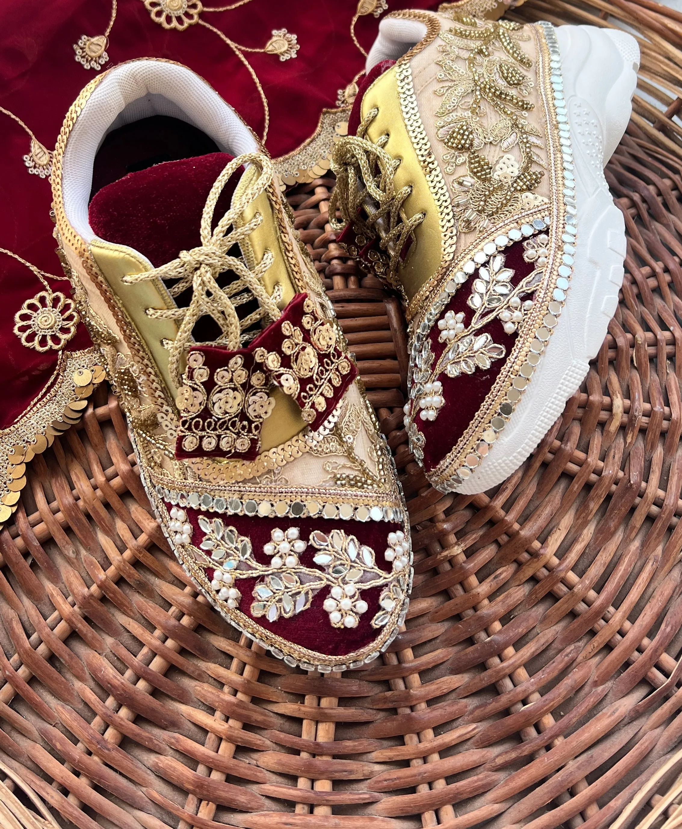 Funky N Trendy Maroon & Gold embroidery work bridal sneakers/ bridesmaid sneaker / golden sneakers/ Maroon sneakers / gold shoes/ bride shoes / handcrafted sneakers / bridal shoes