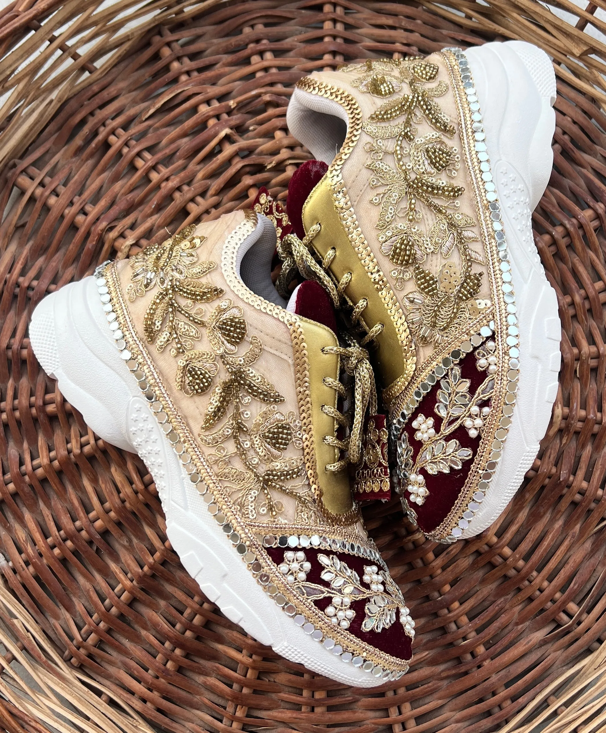 Funky N Trendy Maroon & Gold embroidery work bridal sneakers/ bridesmaid sneaker / golden sneakers/ Maroon sneakers / gold shoes/ bride shoes / handcrafted sneakers / bridal shoes