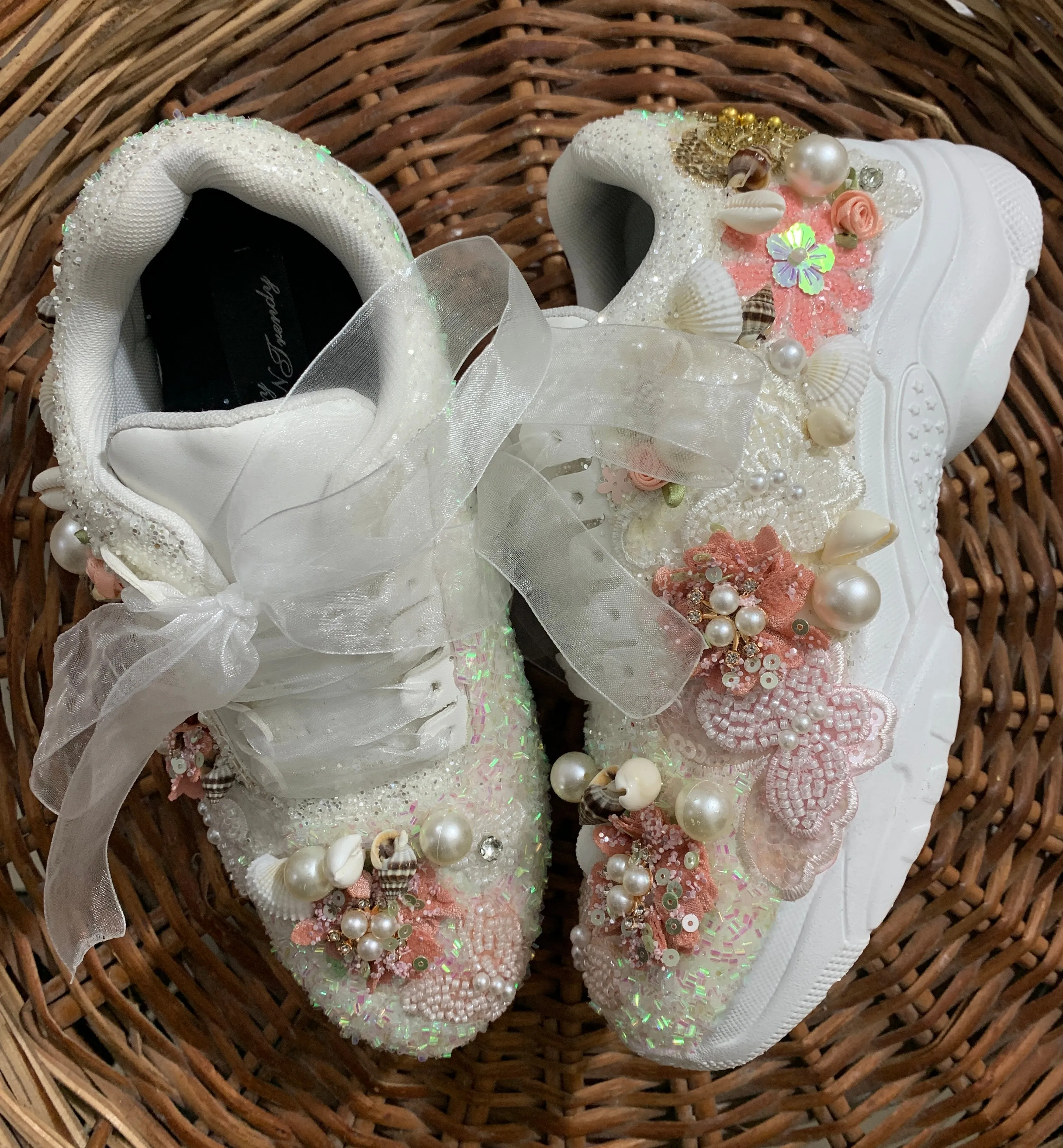 FUNKY N TRENDY peach/white floral butterfly theme sneakers with shells pearls detailing for brides / bridesmaids with custom couple name initials/ rose gold sneakers