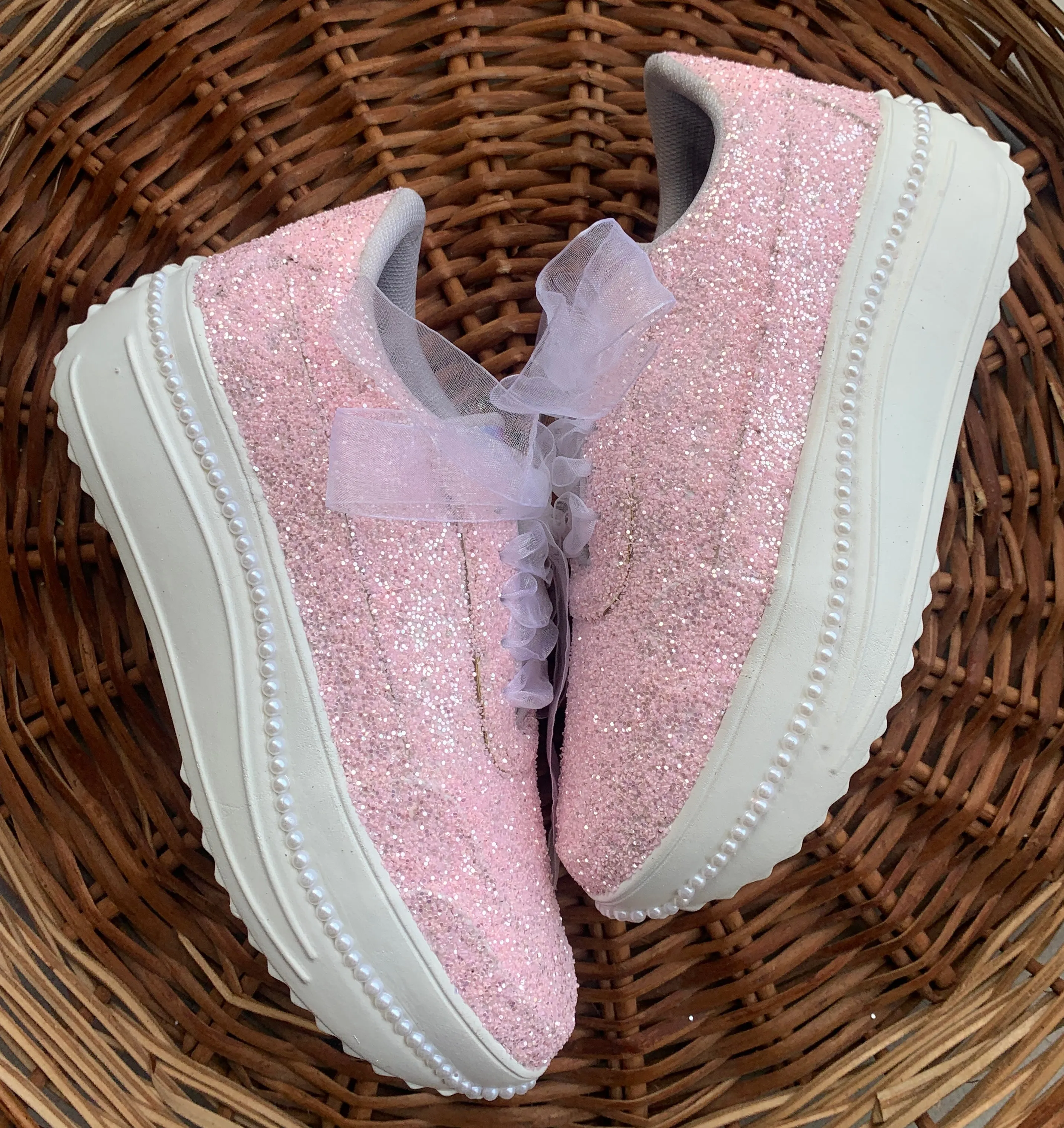 FUNKY N TRENDY pink glitter heeled sneakers with pearl detailing for brides /bridesmaids / sneakers for bridesmaids/ handcrafted sneakers/ glitter sneakers / bridal sneakers / bridesmaid sneakers/ pink sneakers / pink shoes