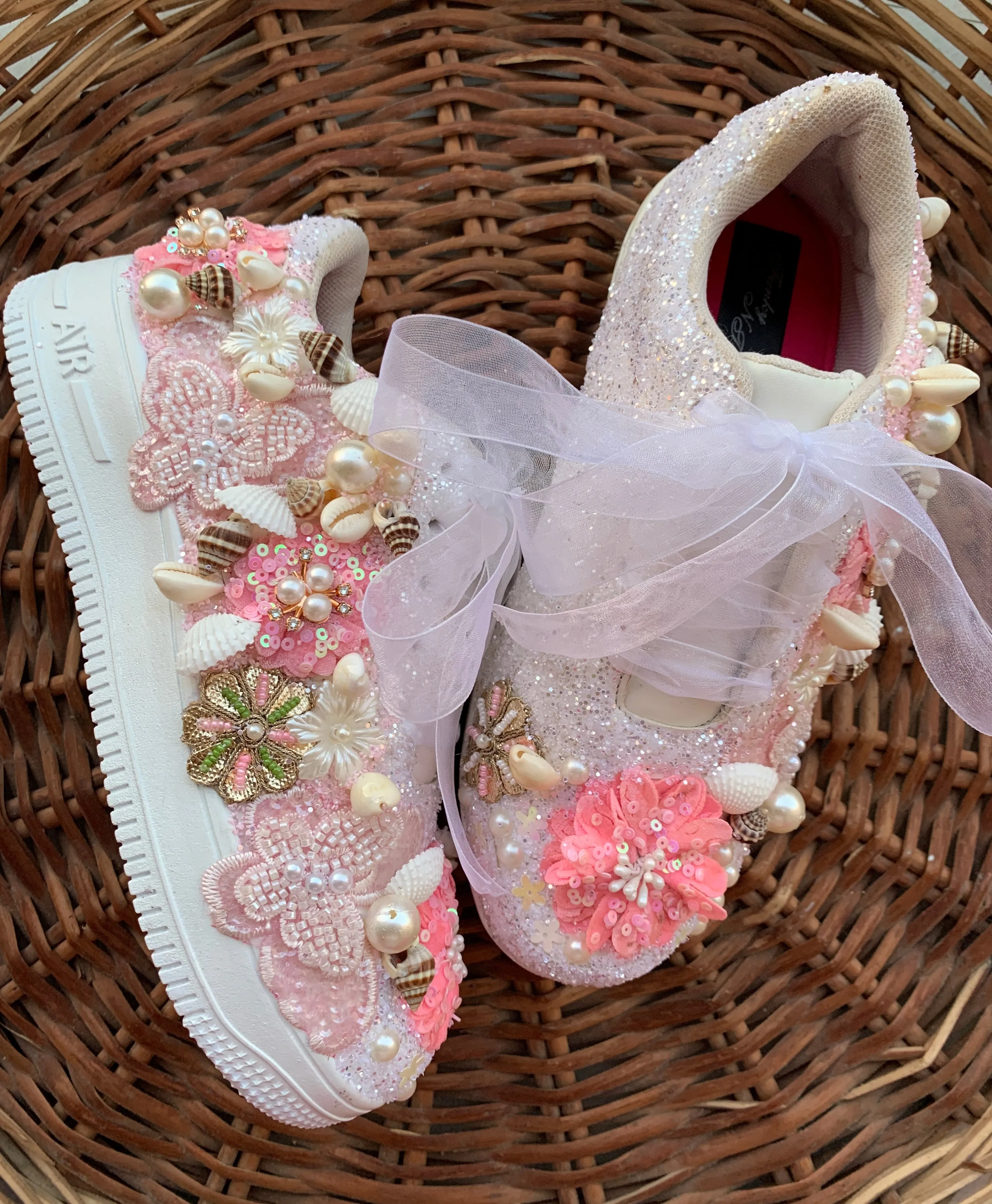 FUNKY N TRENDY pink/white floral butterfly theme sneakers with shells pearls detailing for brides / bridesmaids / bridal sneakers / bridesmaid sneakers / bridal shoes/ pink shoes / pink sneakers