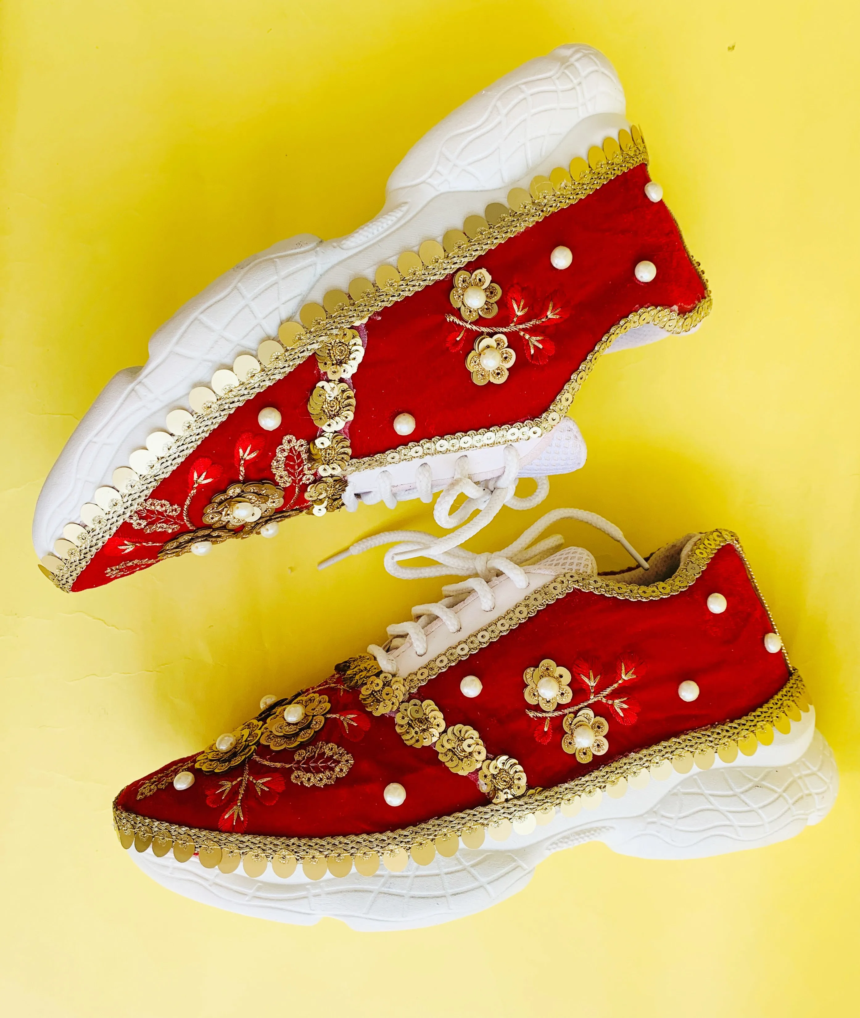 FUNKY N TRENDY Red sneakers for brides /bridesmaids / sneakers for bridesmaids/ handcrafted sneakers/ red sneakers / bridal sneakers / bridesmaid sneakers/ gold sneakers / red shoes/embroidered shoes