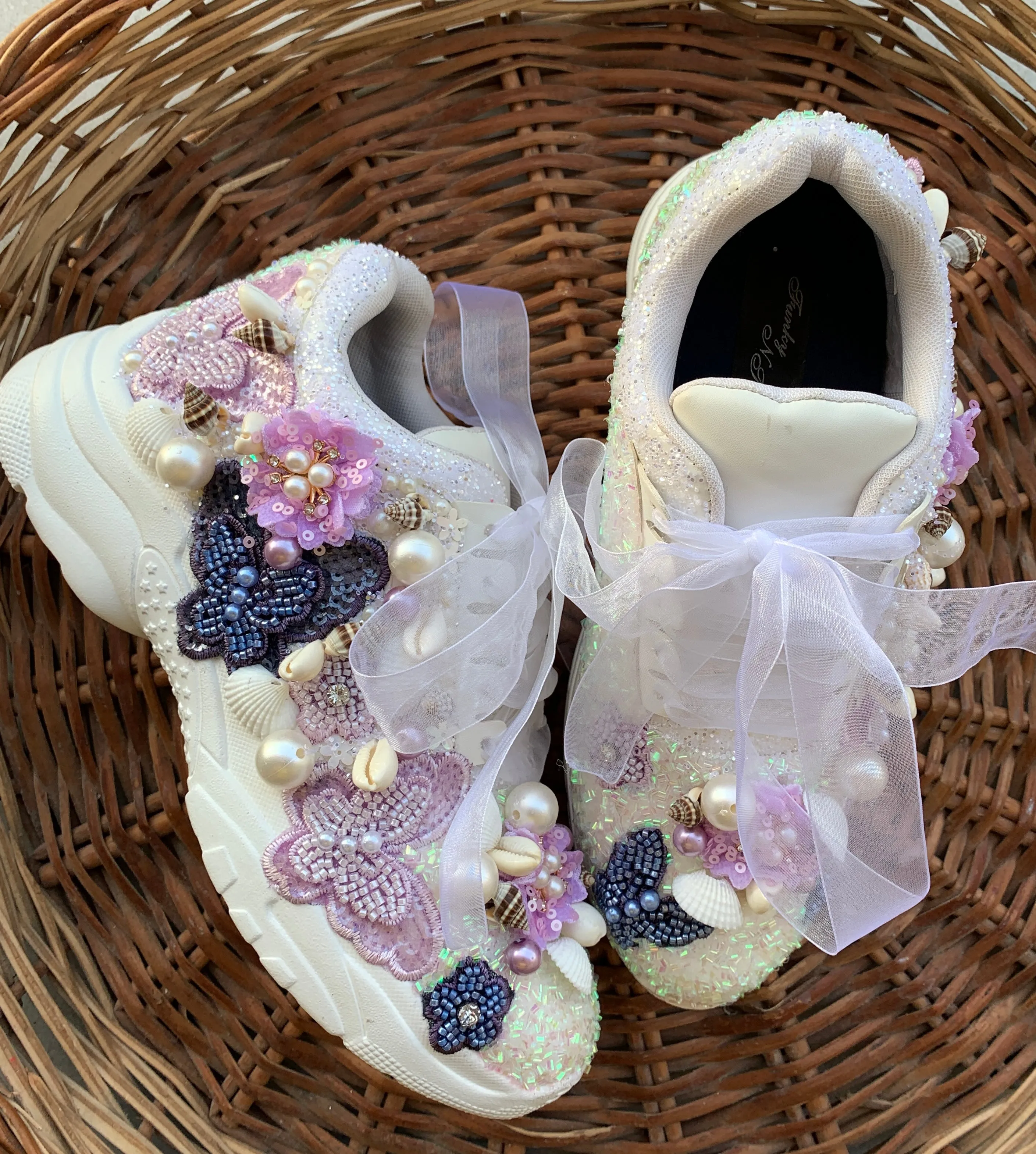 FUNKY N TRENDY shades of purple floral theme bridal sneakers / bridesmaid sneakers/butterfly sneakers