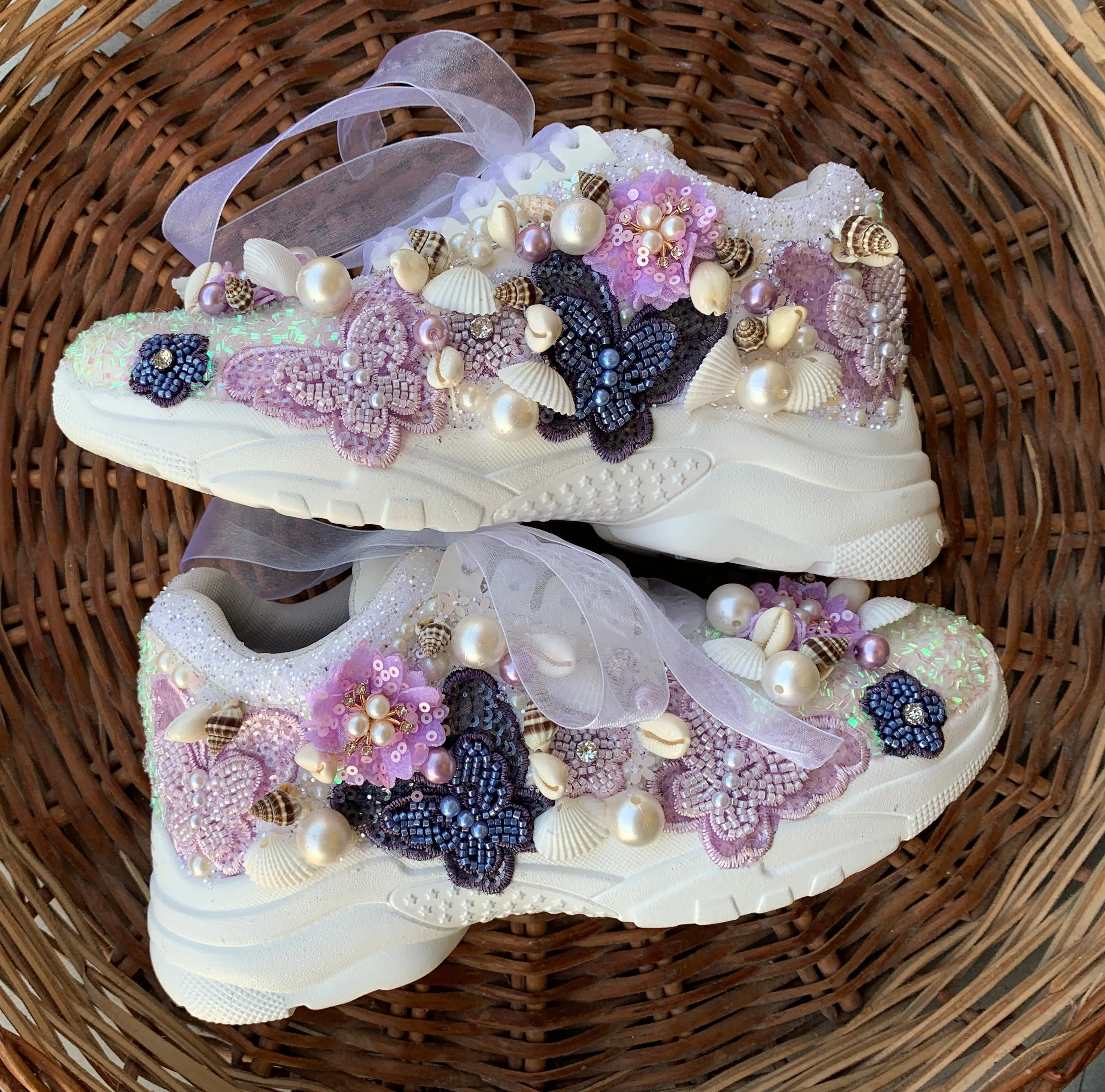 FUNKY N TRENDY shades of purple floral theme bridal sneakers / bridesmaid sneakers/butterfly sneakers