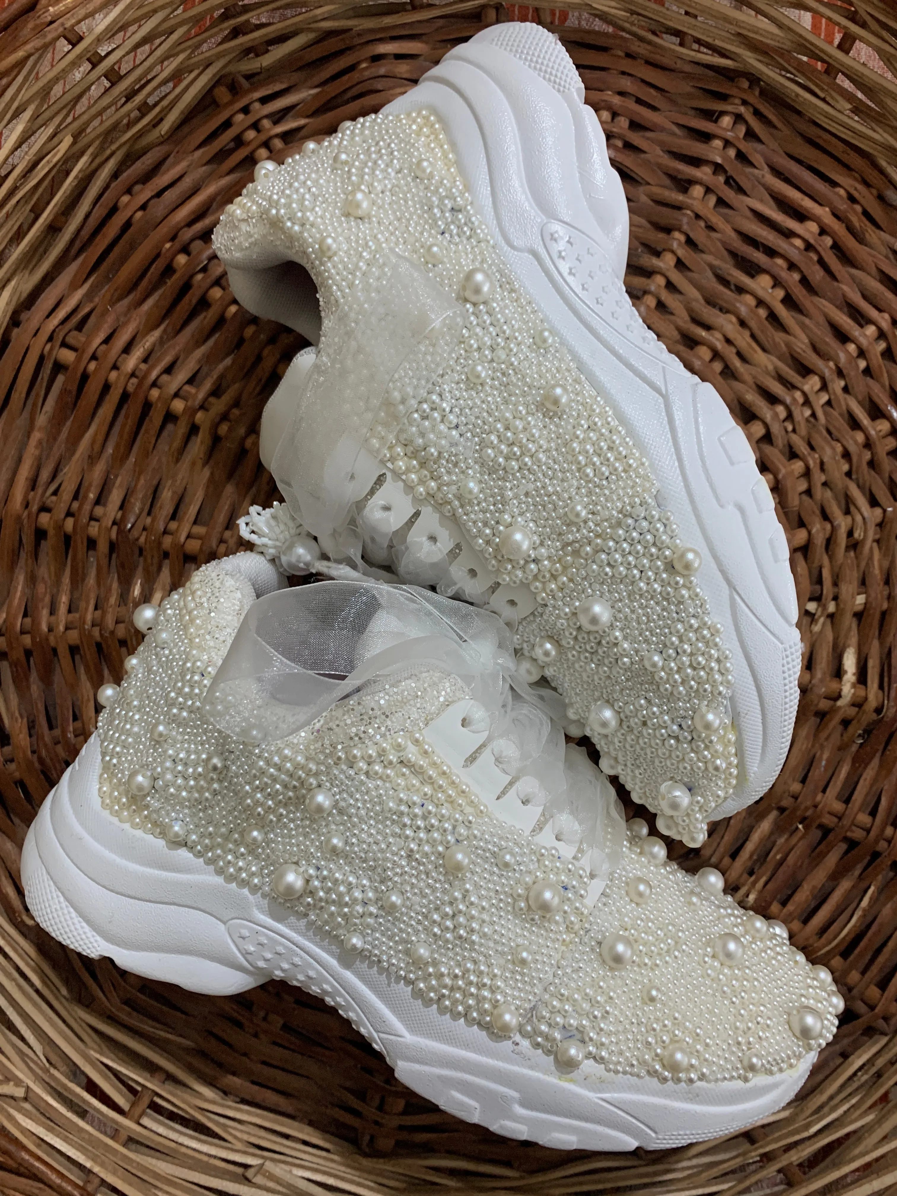 Funky N Trendy white pearl hand work sneakers / bridal sneakers/ sneaker for bride / white sneakers/ pearl sneakers for bride