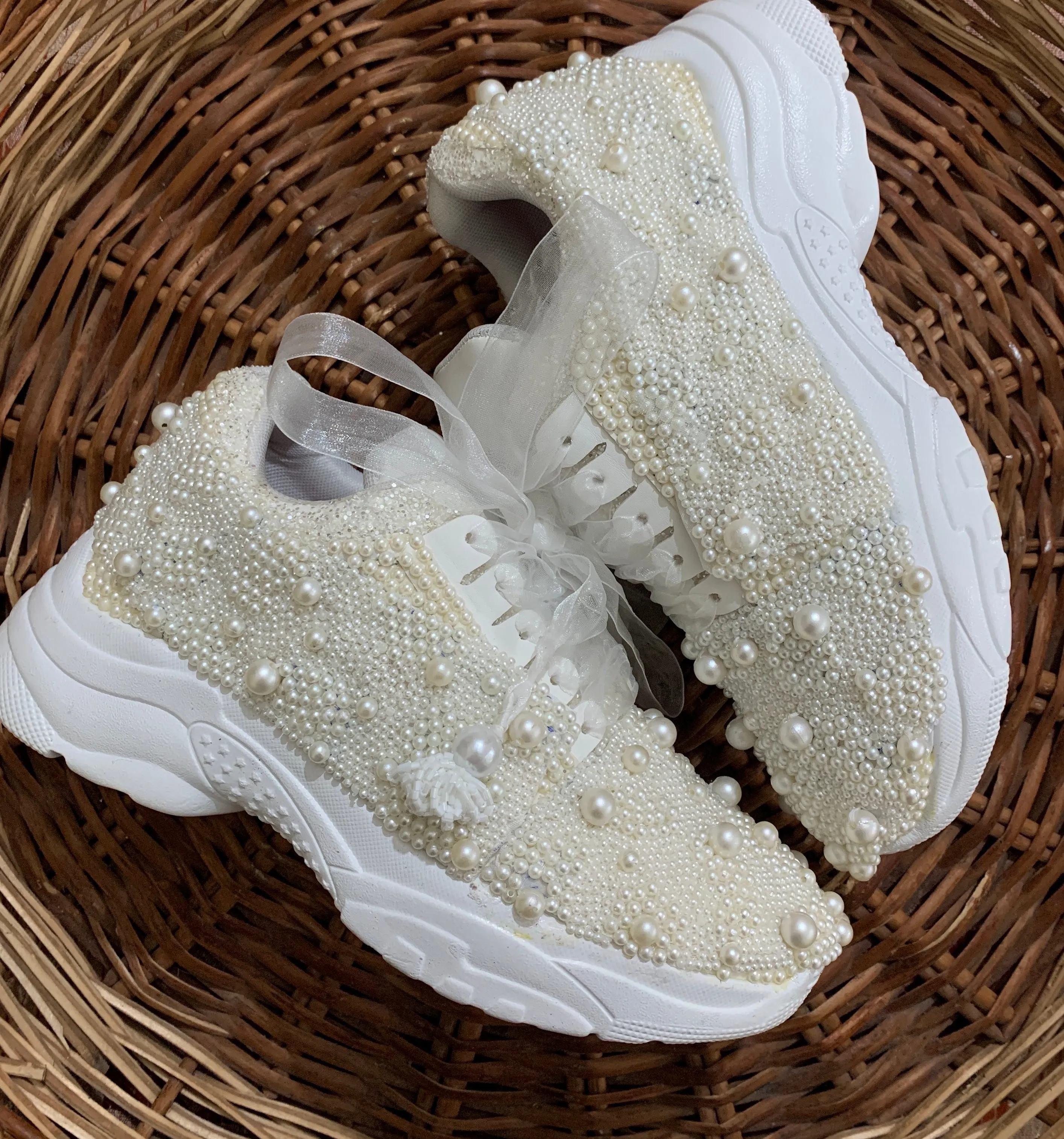 Funky N Trendy white pearl hand work sneakers / bridal sneakers/ sneaker for bride / white sneakers/ pearl sneakers for bride