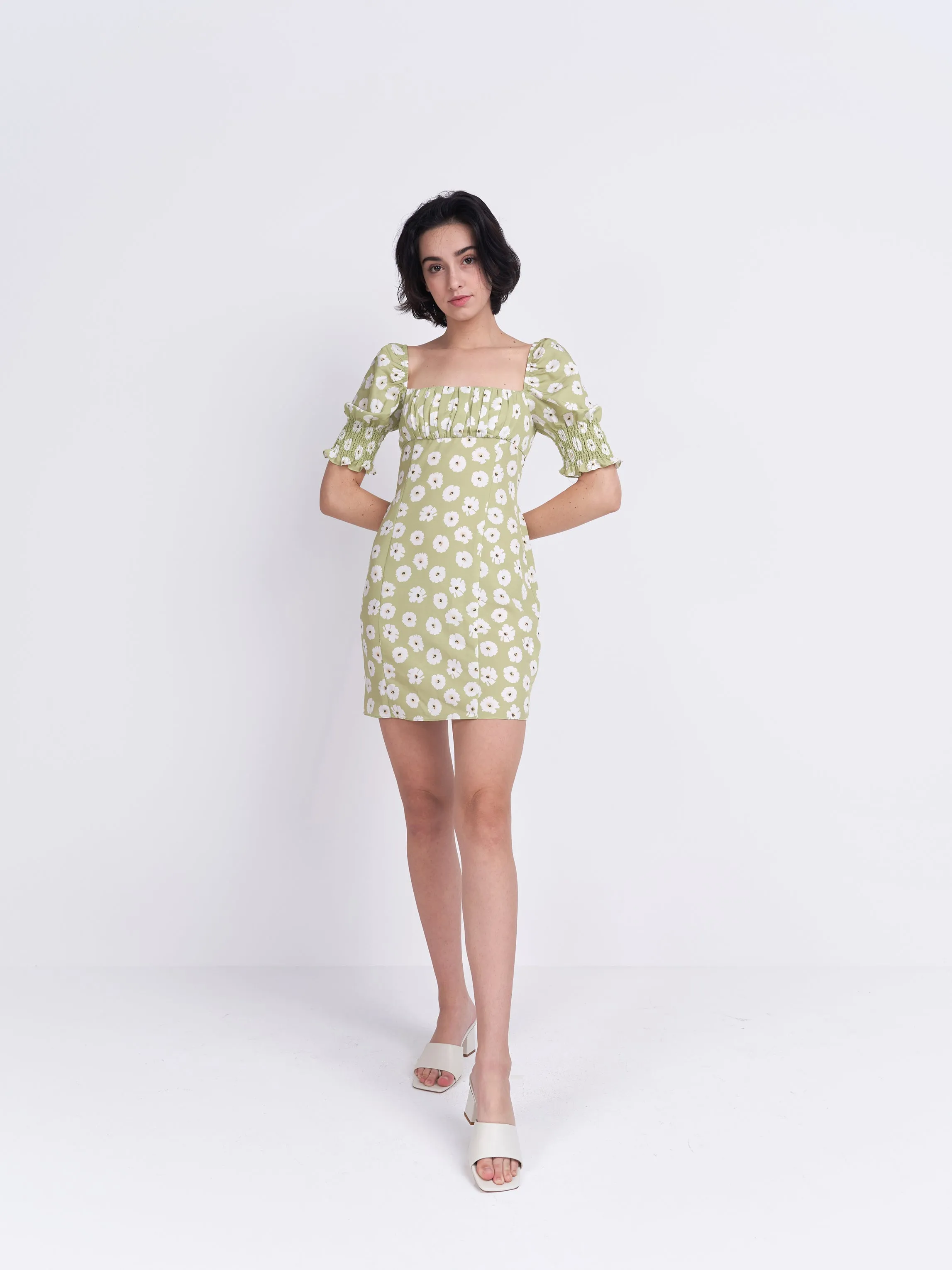 Glamorous Care Olive Green Flower Puff Sleeve Mini Dress