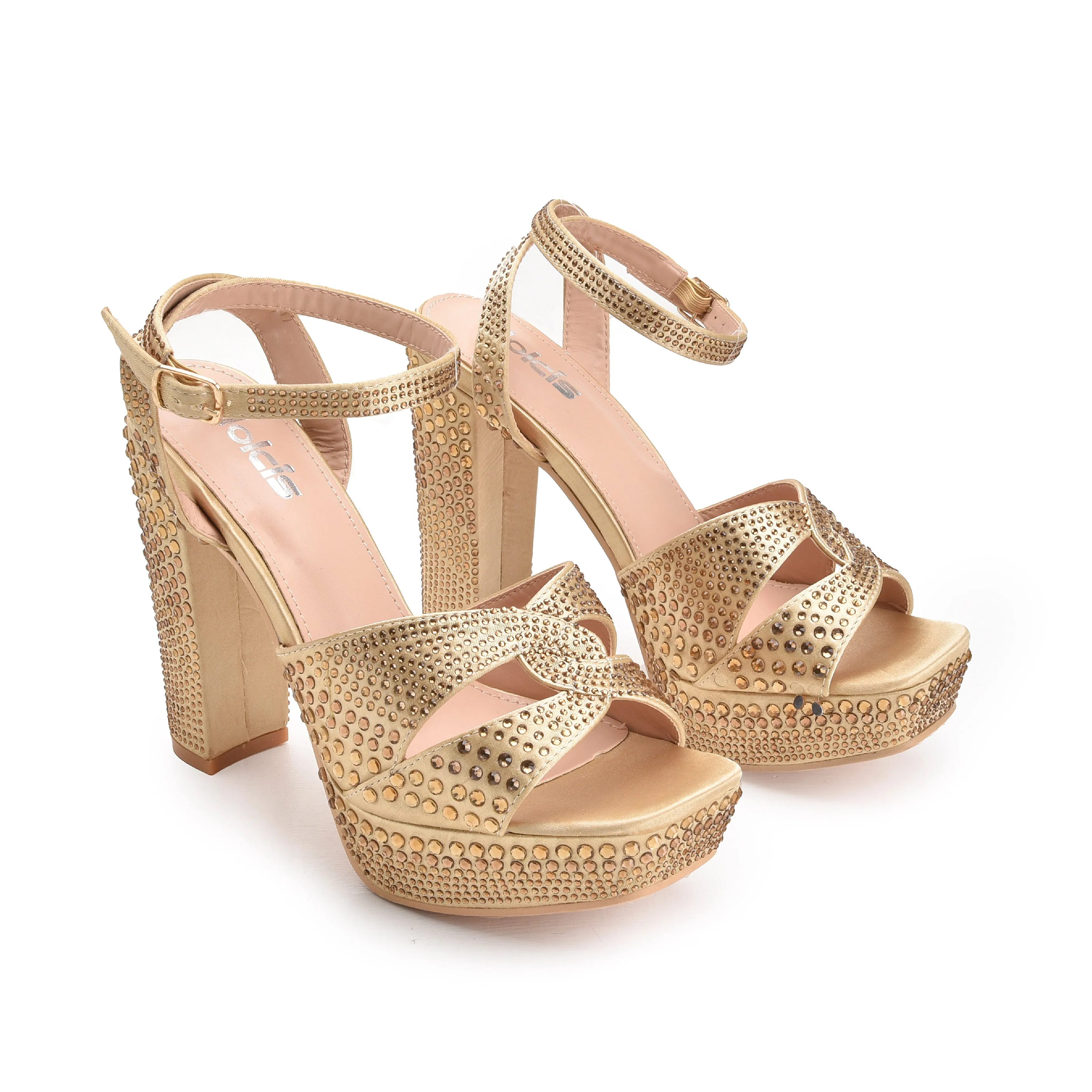 Glamorous Gold Block Heel Sandals with Rhinestones | 262G-X