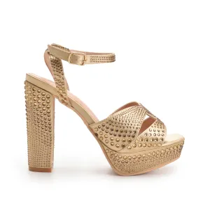 Glamorous Gold Block Heel Sandals with Rhinestones | 262G-X