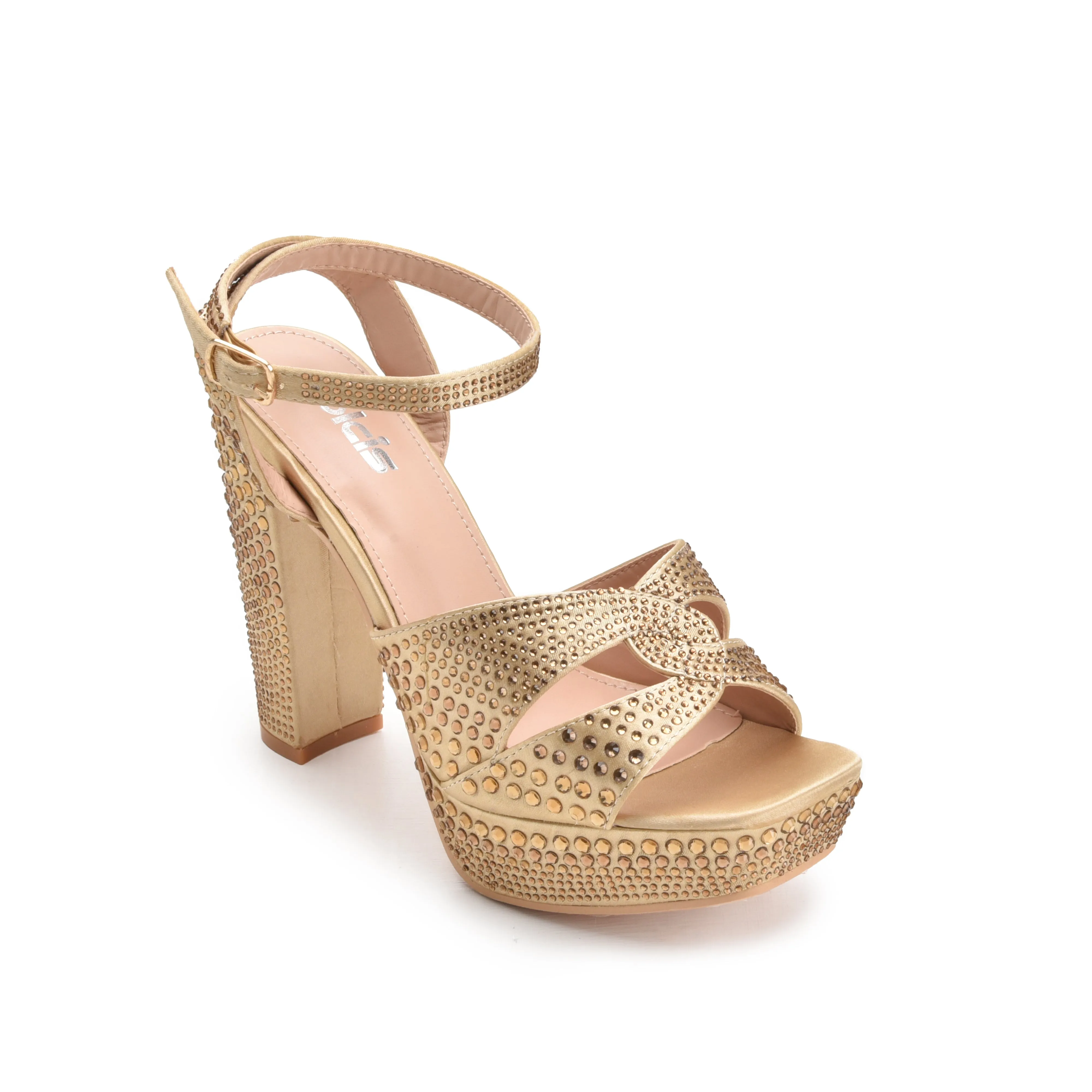 Glamorous Gold Block Heel Sandals with Rhinestones | 262G-X