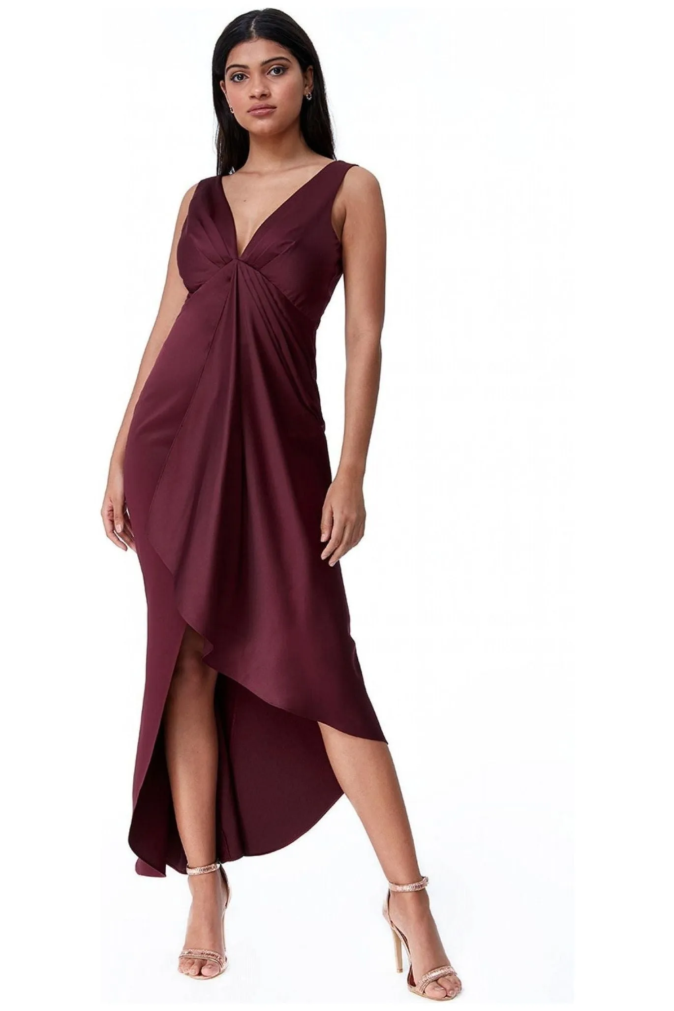 Goddiva Waterfall Satin Maxi Dress  - Wine