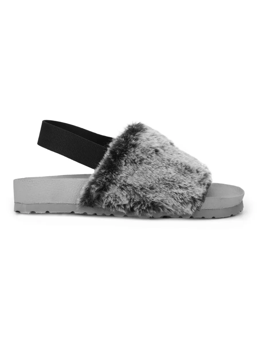 Grey Faux Fur Slip Ons With Back Strap