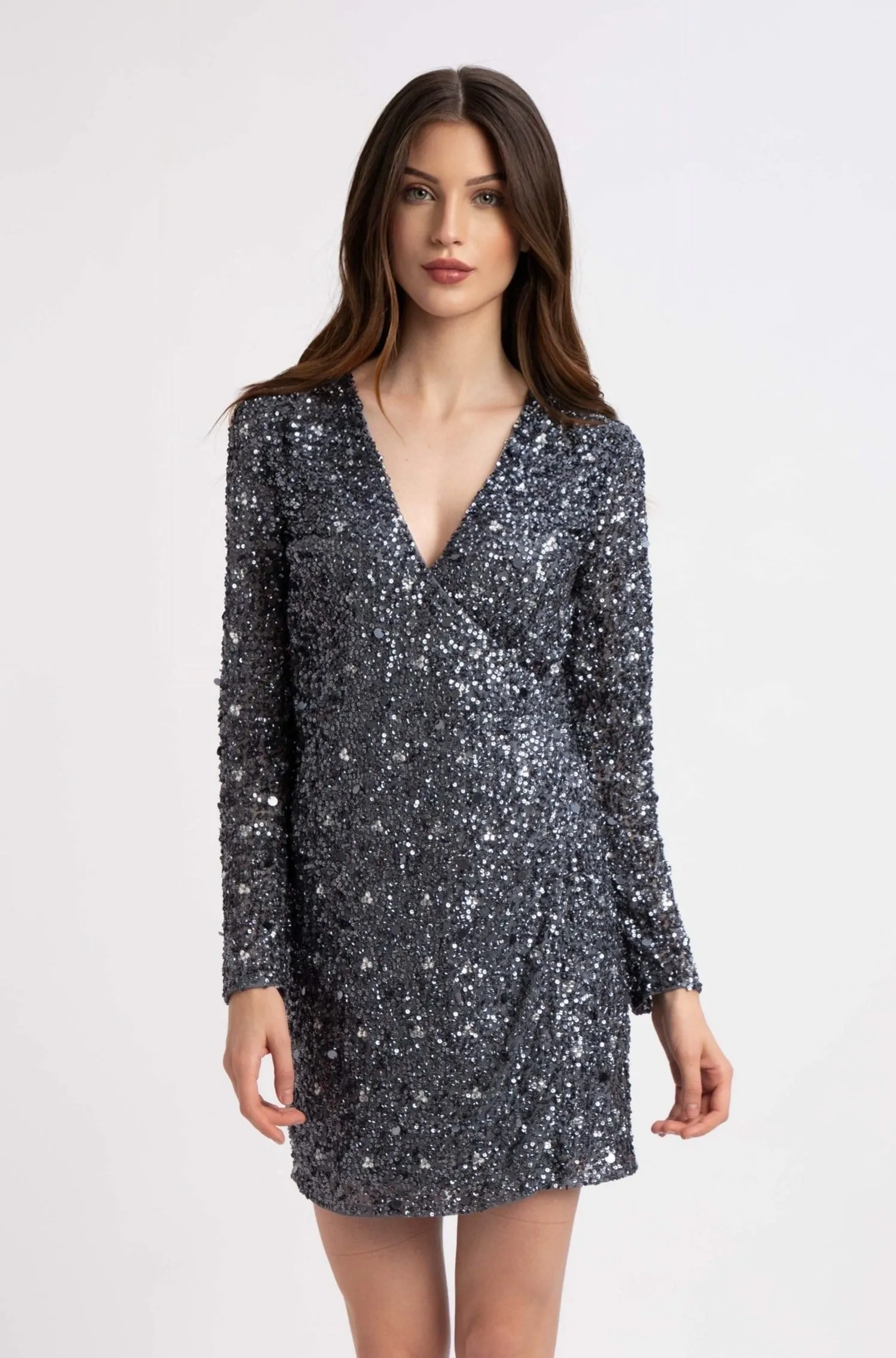 Gwen Grey Long Sleeve Embellished Mini Dress