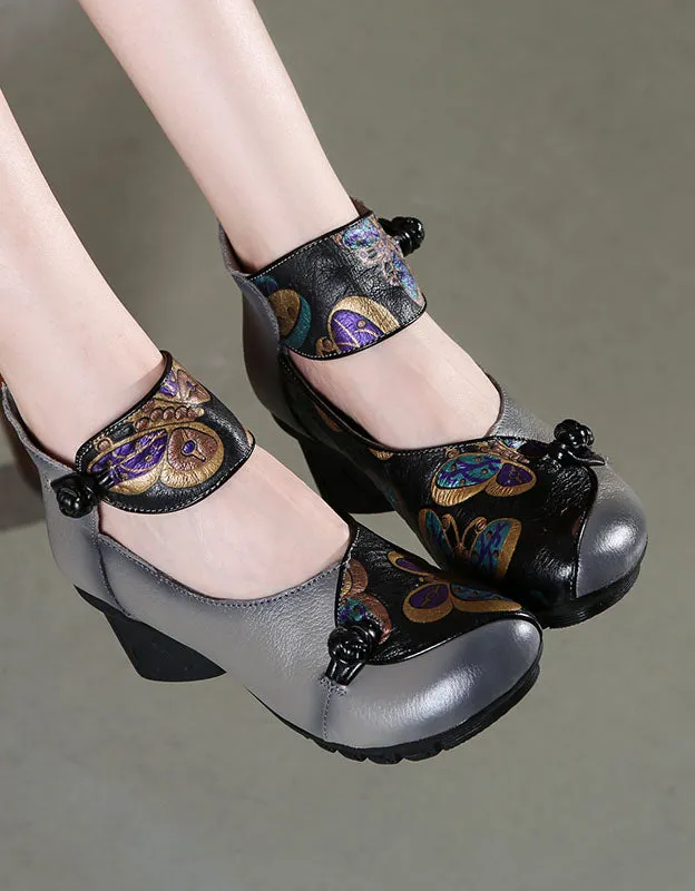 Handmade Leather Retro Ethnic Style Chunky Heels