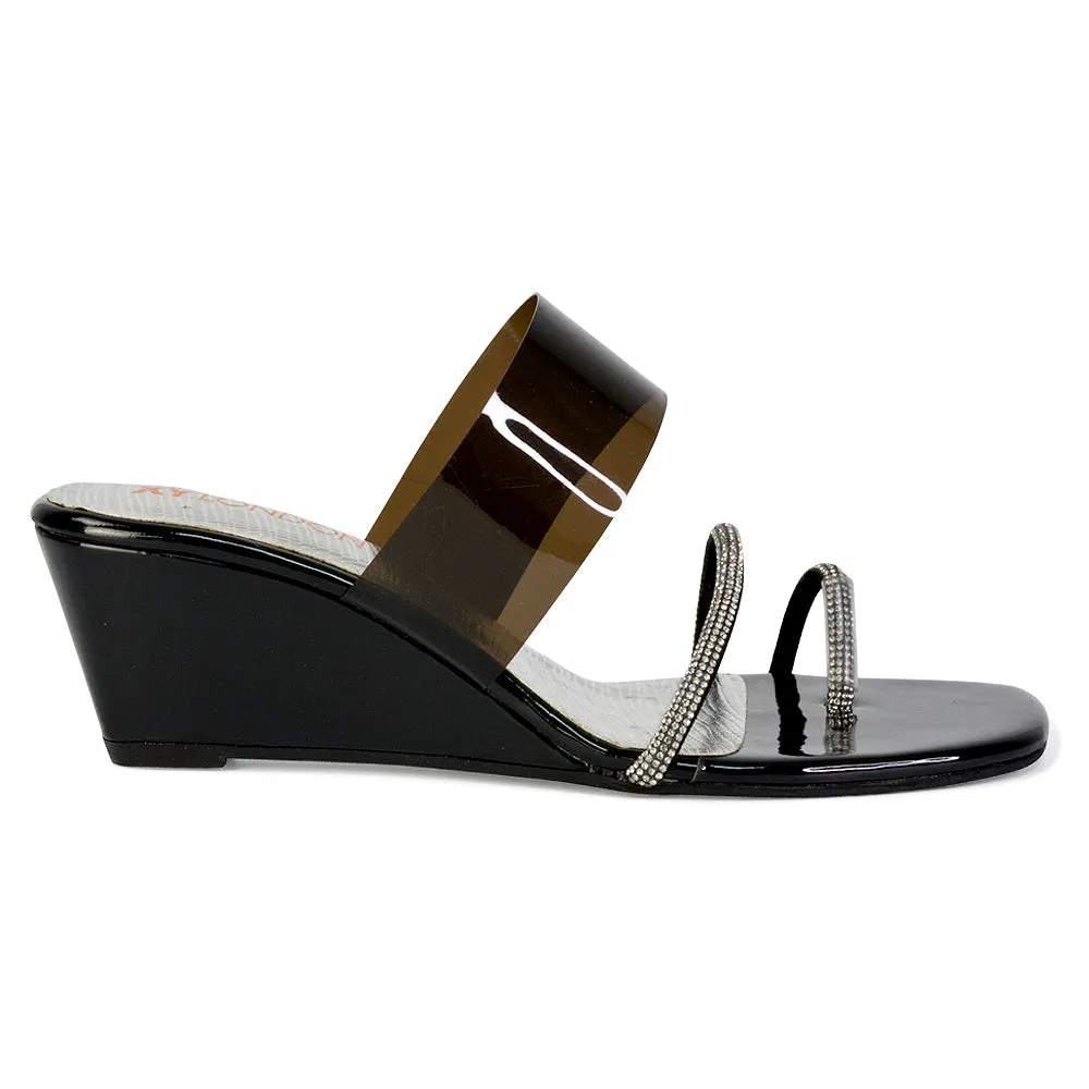 Hayes Perspex Strappy Toe Post Diamante Wedge Heel Sandals in Black