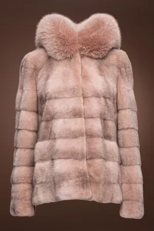 Horizontal Pink Cross Mink Fur Jacket - Pink Fox Fur Hood Trim