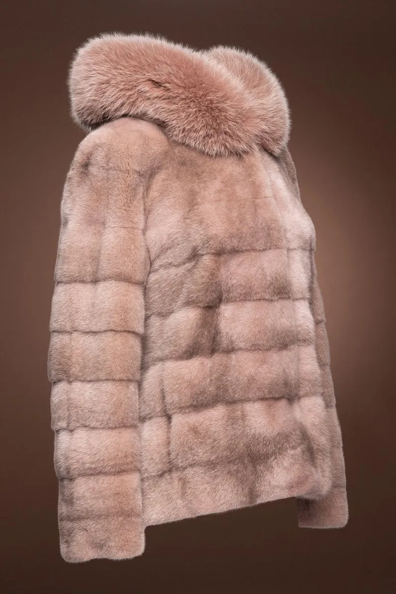 Horizontal Pink Cross Mink Fur Jacket - Pink Fox Fur Hood Trim