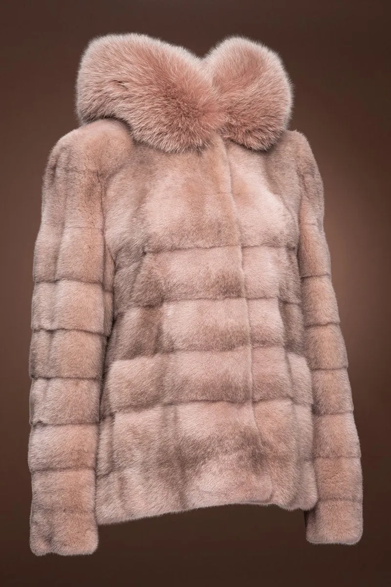 Horizontal Pink Cross Mink Fur Jacket - Pink Fox Fur Hood Trim