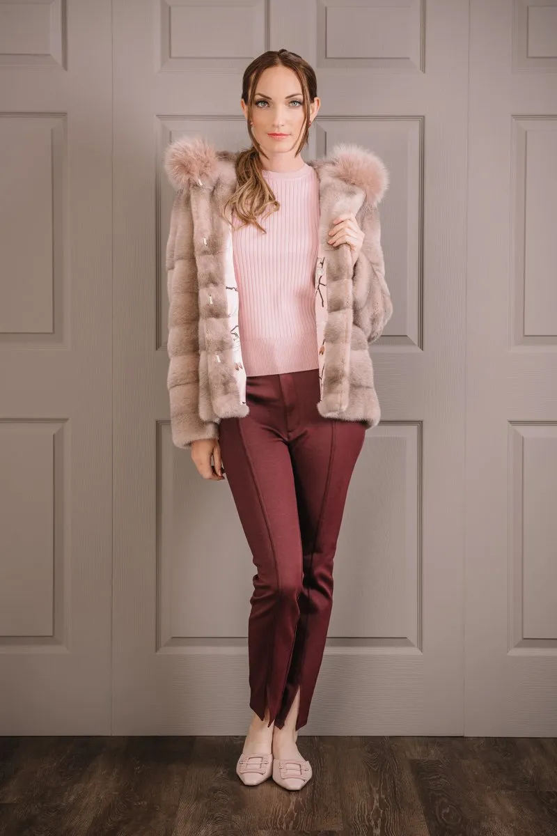 Horizontal Pink Cross Mink Fur Jacket - Pink Fox Fur Hood Trim