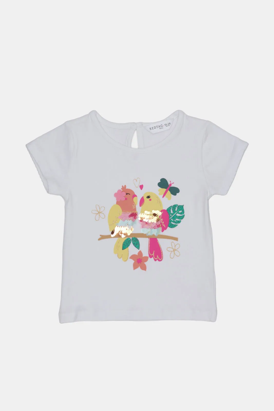 Infant Girls White Bird With Sequins Artwork T-Shirt