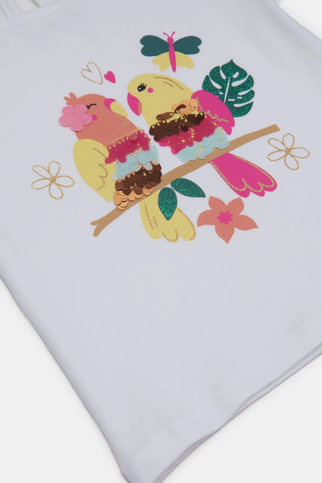 Infant Girls White Bird With Sequins Artwork T-Shirt