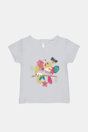 Infant Girls White Bird With Sequins Artwork T-Shirt