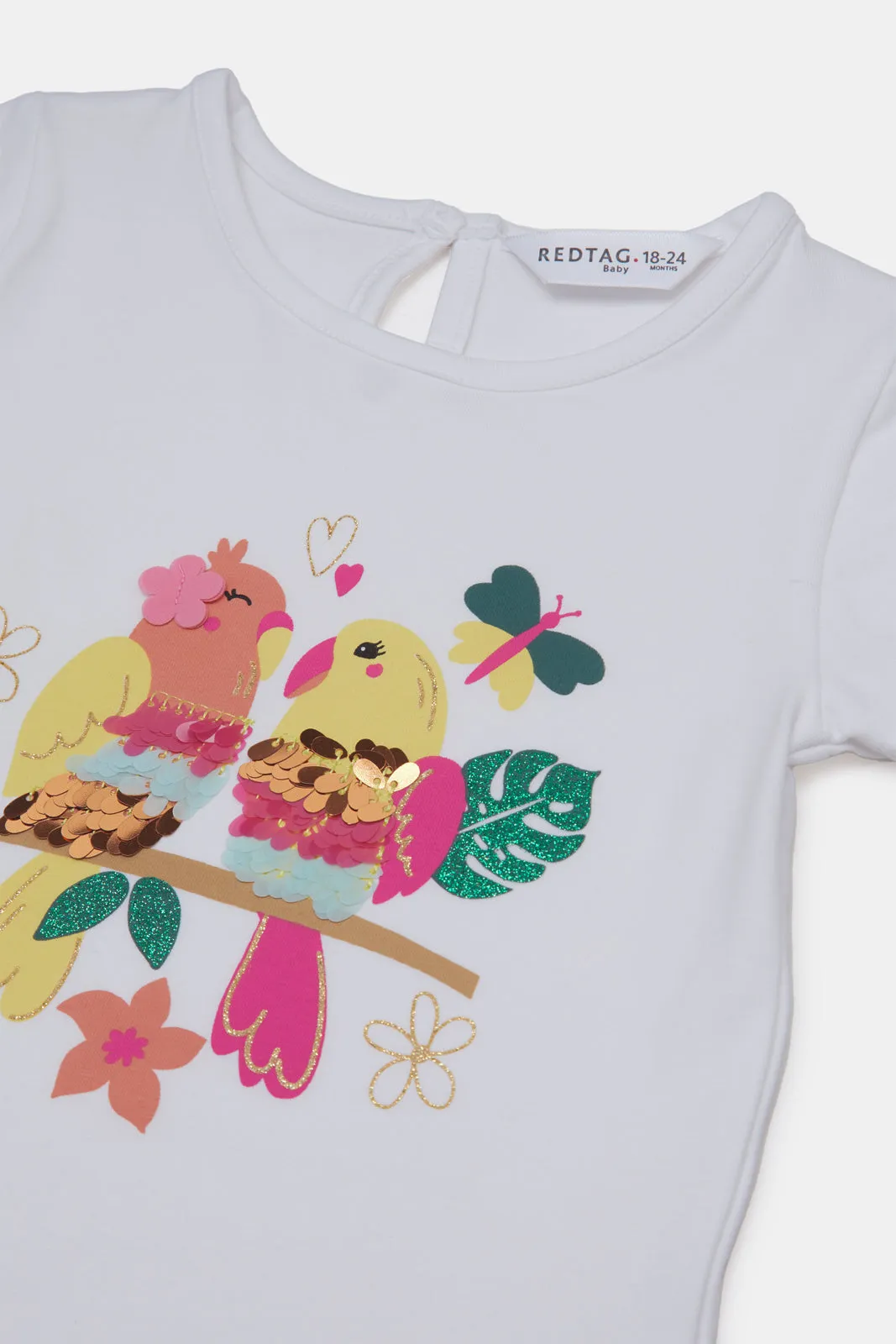 Infant Girls White Bird With Sequins Artwork T-Shirt