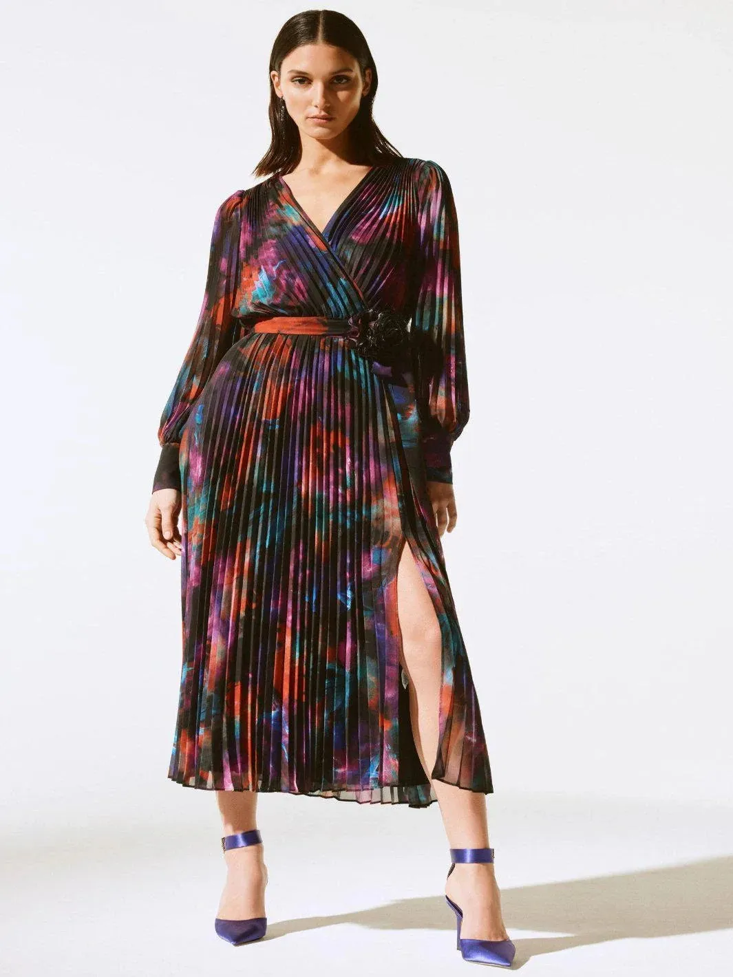 Joseph Ribkoff Pleated Wrap Dress Black Multi