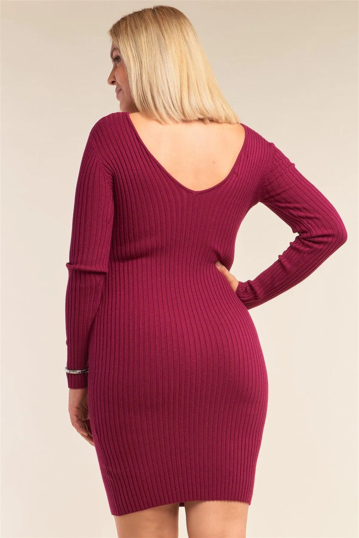 Junior Plus Size Magenta V-Neck Long Sleeve Ribbed Sweater Bodycon Mini Dress /3-3