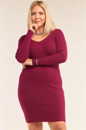 Junior Plus Size Magenta V-Neck Long Sleeve Ribbed Sweater Bodycon Mini Dress /3-3