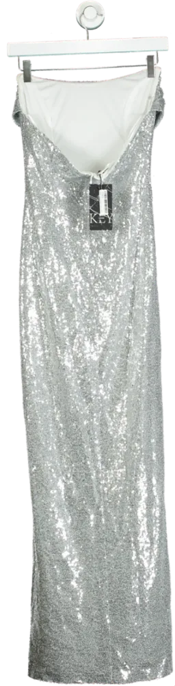 Key Couture Silver Long Sequin Strapless Dress S