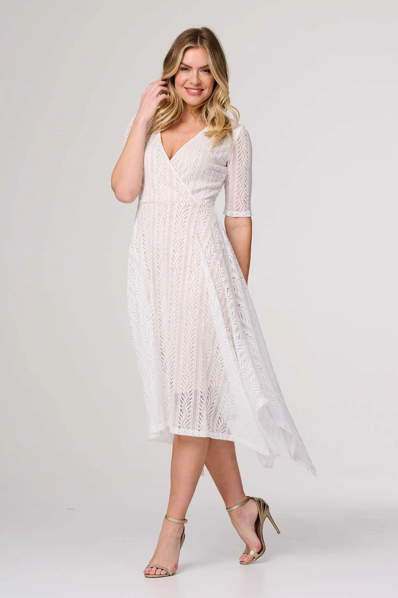 Lace Detail Hanky Hem Midi Wrap Dress