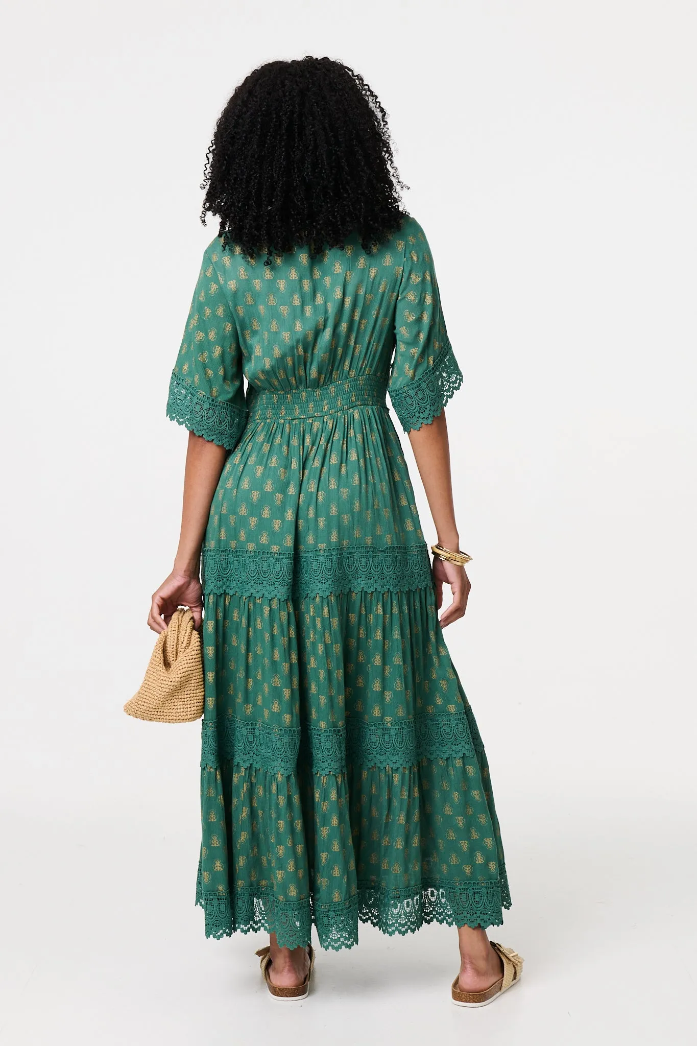 Lace Semi Sheer Flare 3/4 Sleeve Maxi Dress