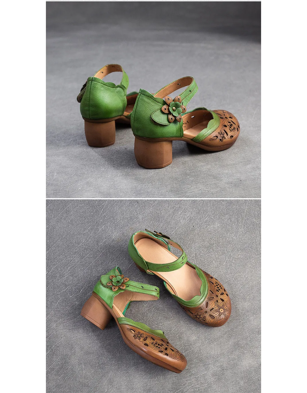 Leather Hand-Carved Flowers Hollow Chunky Heel Sandals